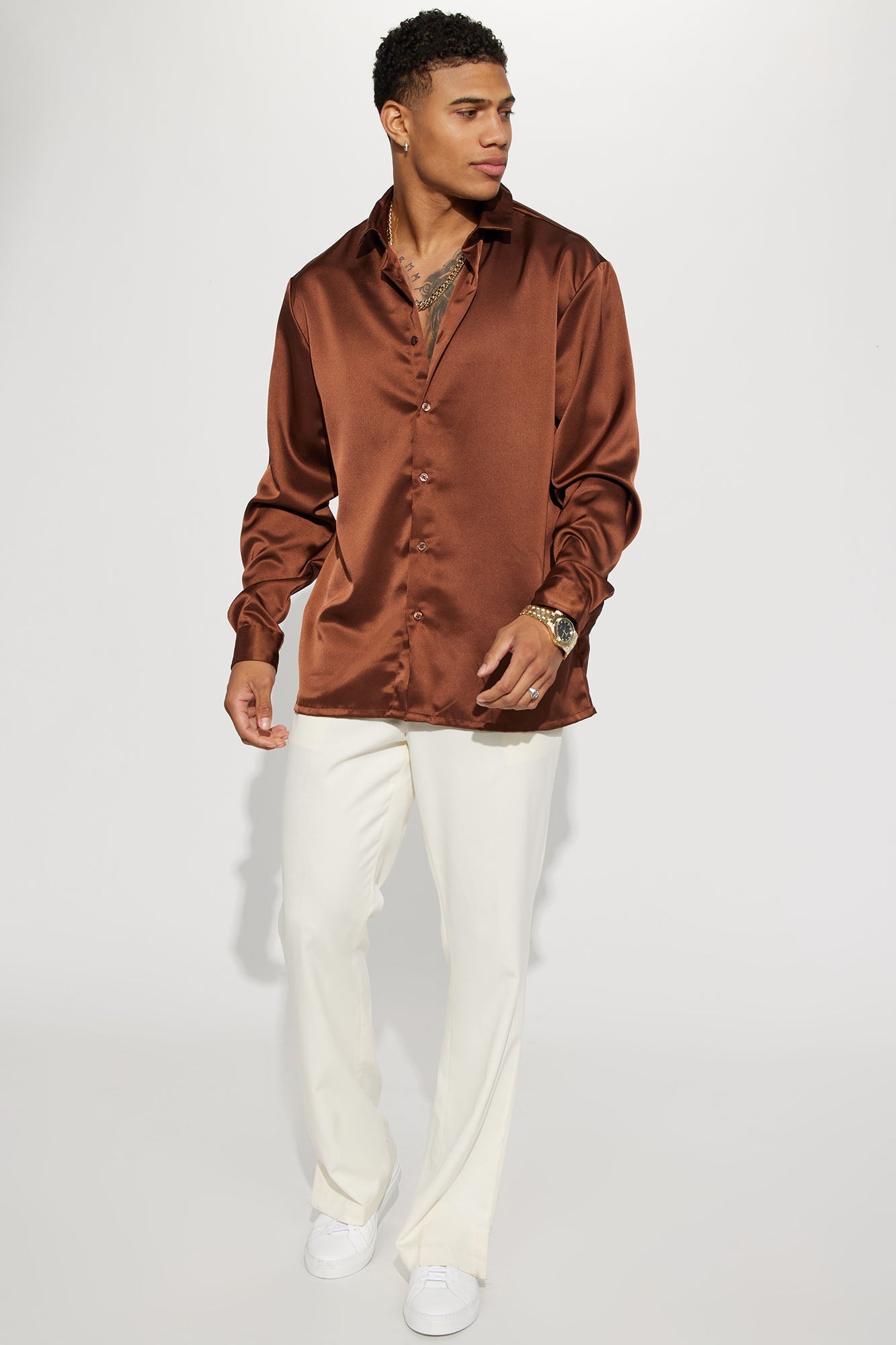 Links Satin Long Sleeve Button Up Shirt - Chocolate Fashion Nova