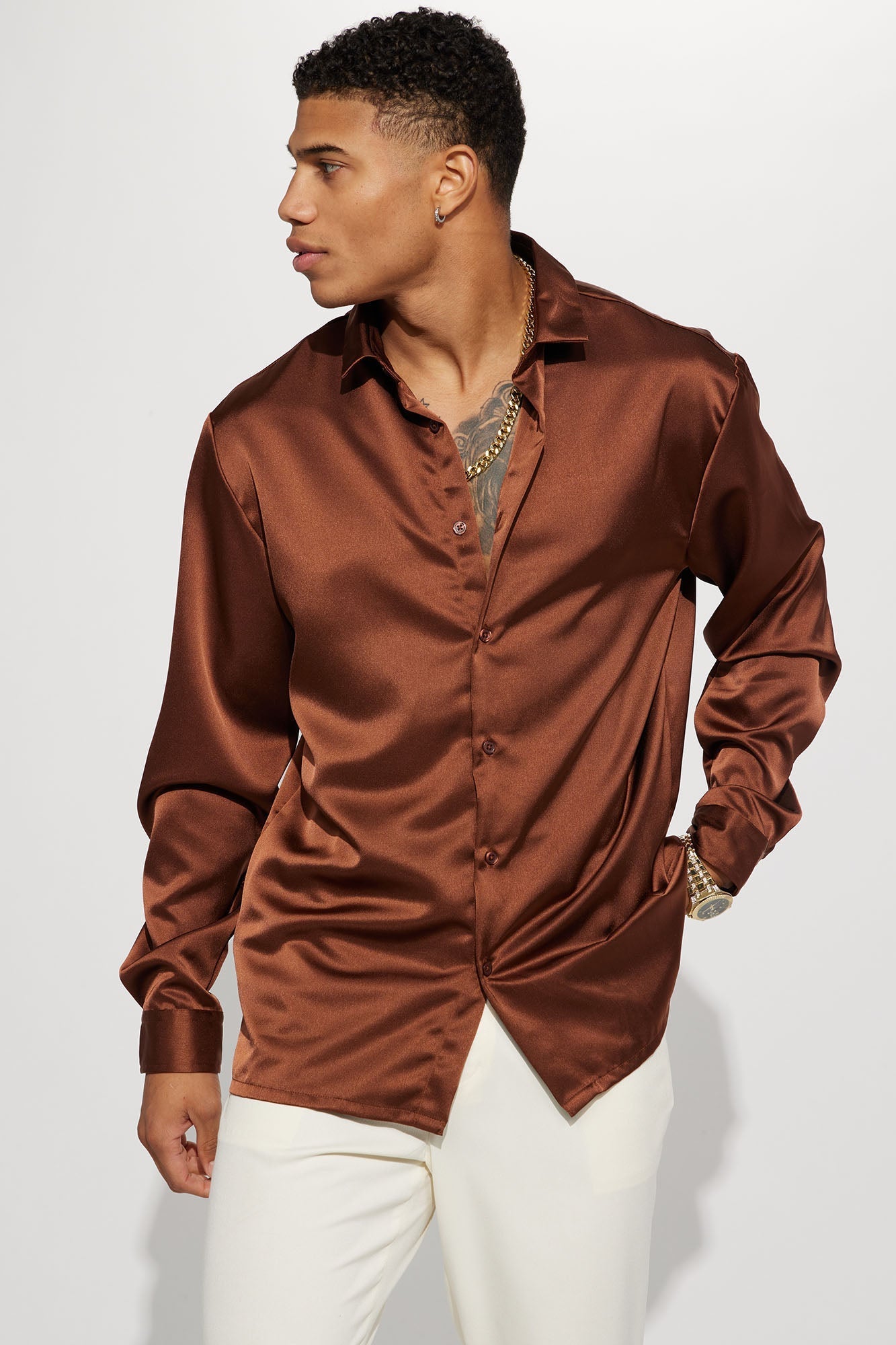 Links Satin Long Sleeve Button Up Shirt - Chocolate Fashion Nova