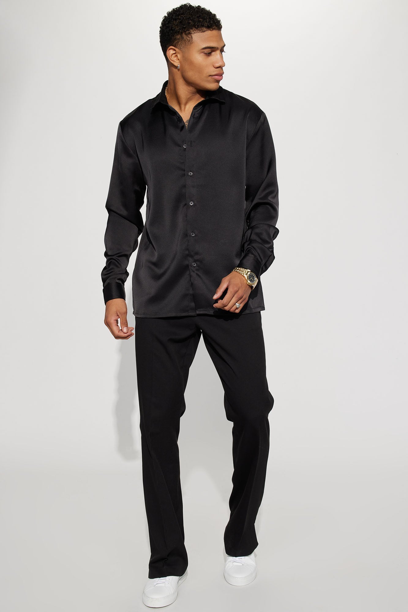 Links Satin Long Sleeve Button Up Shirt - Black Fashion Nova