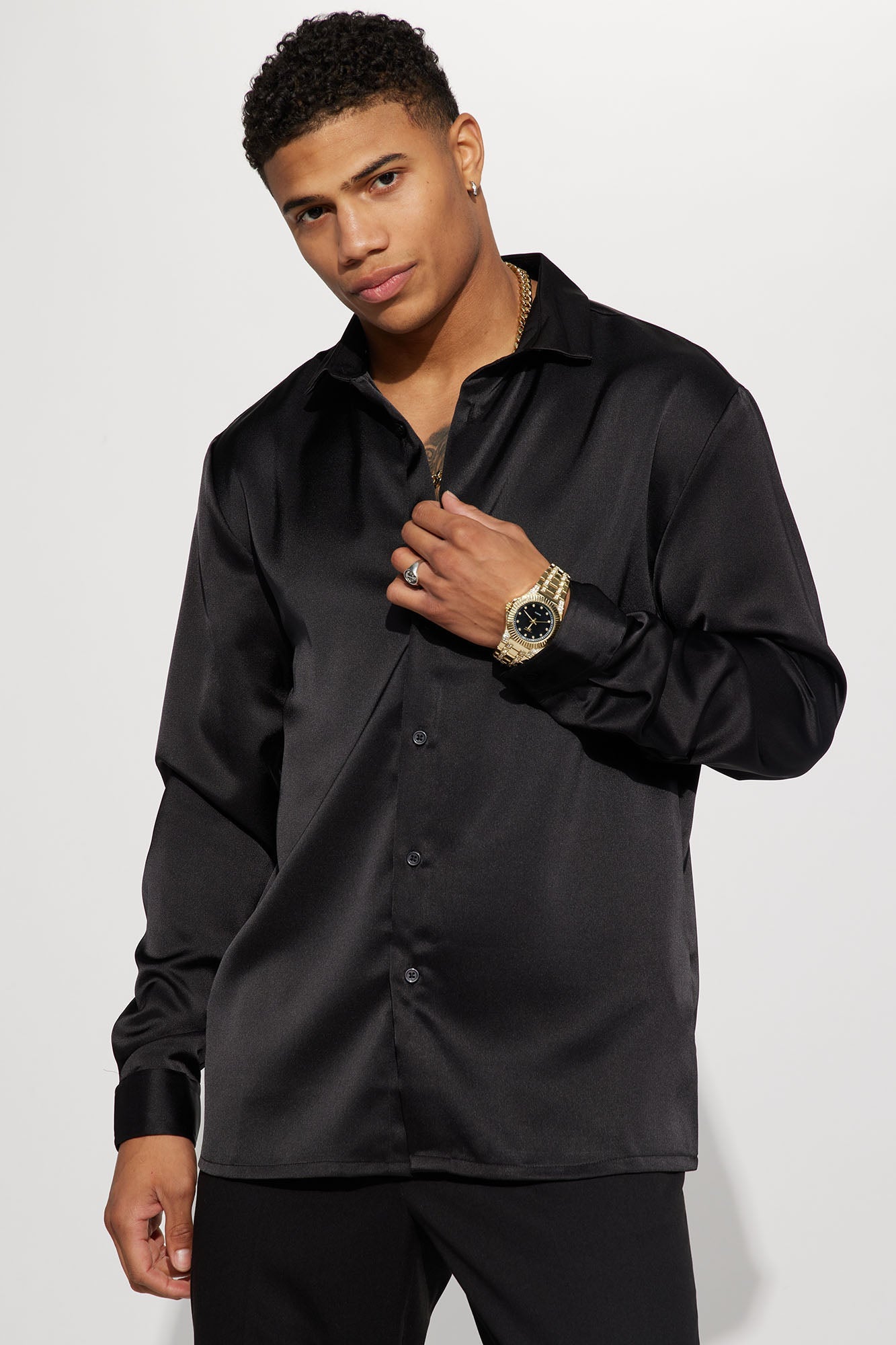 Links Satin Long Sleeve Button Up Shirt - Black Fashion Nova