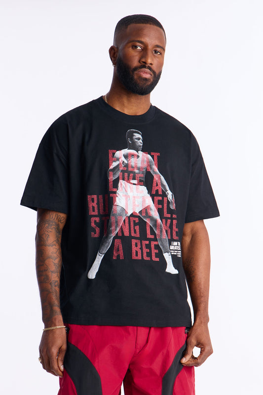 Boxy Muhammad Ali Glitter Printed Short Sleeve Tee - Black Fashion Nova