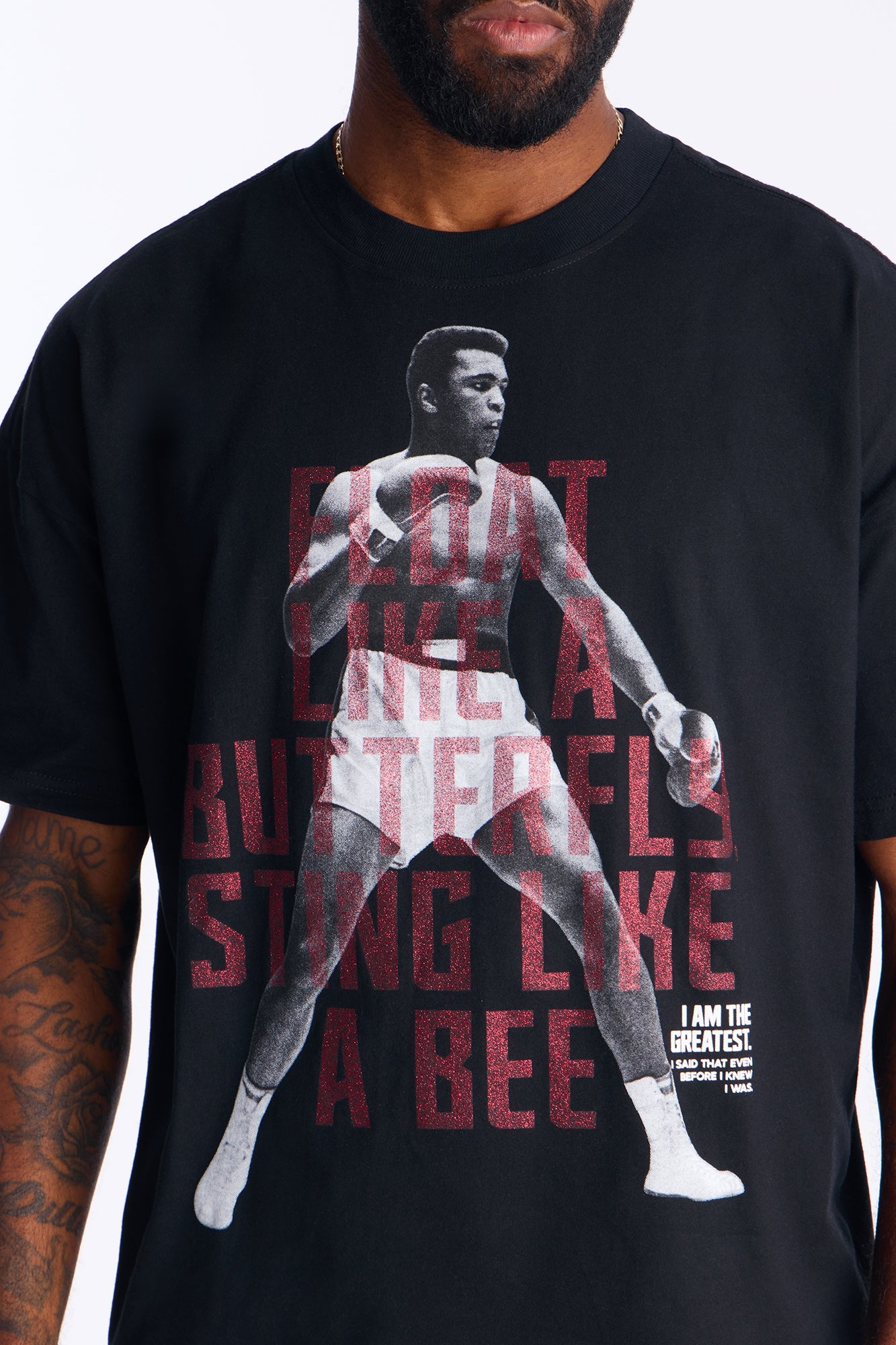 Boxy Muhammad Ali Glitter Printed Short Sleeve Tee - Black Fashion Nova