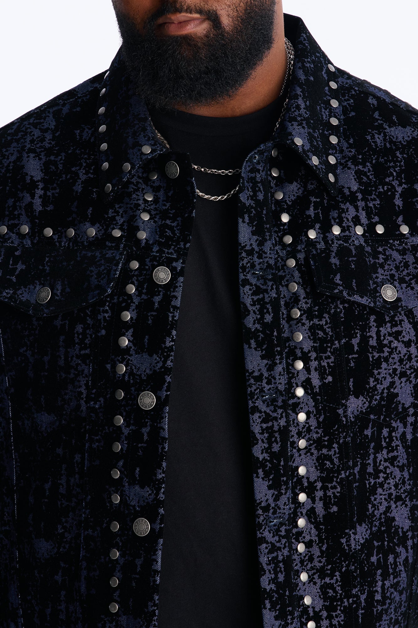 Social Stud Flocked Denim Trucker Jacket - Indigo Fashion Nova