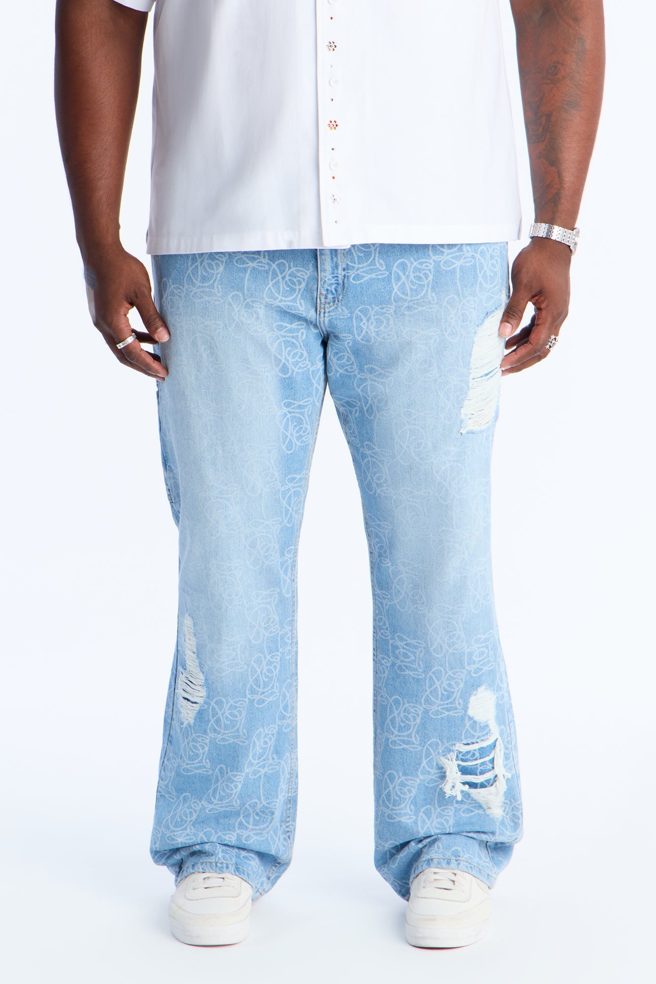 Stacked Slim Flare Slide Thru Distressed Jean - Medium Blue Wash Fashion Nova