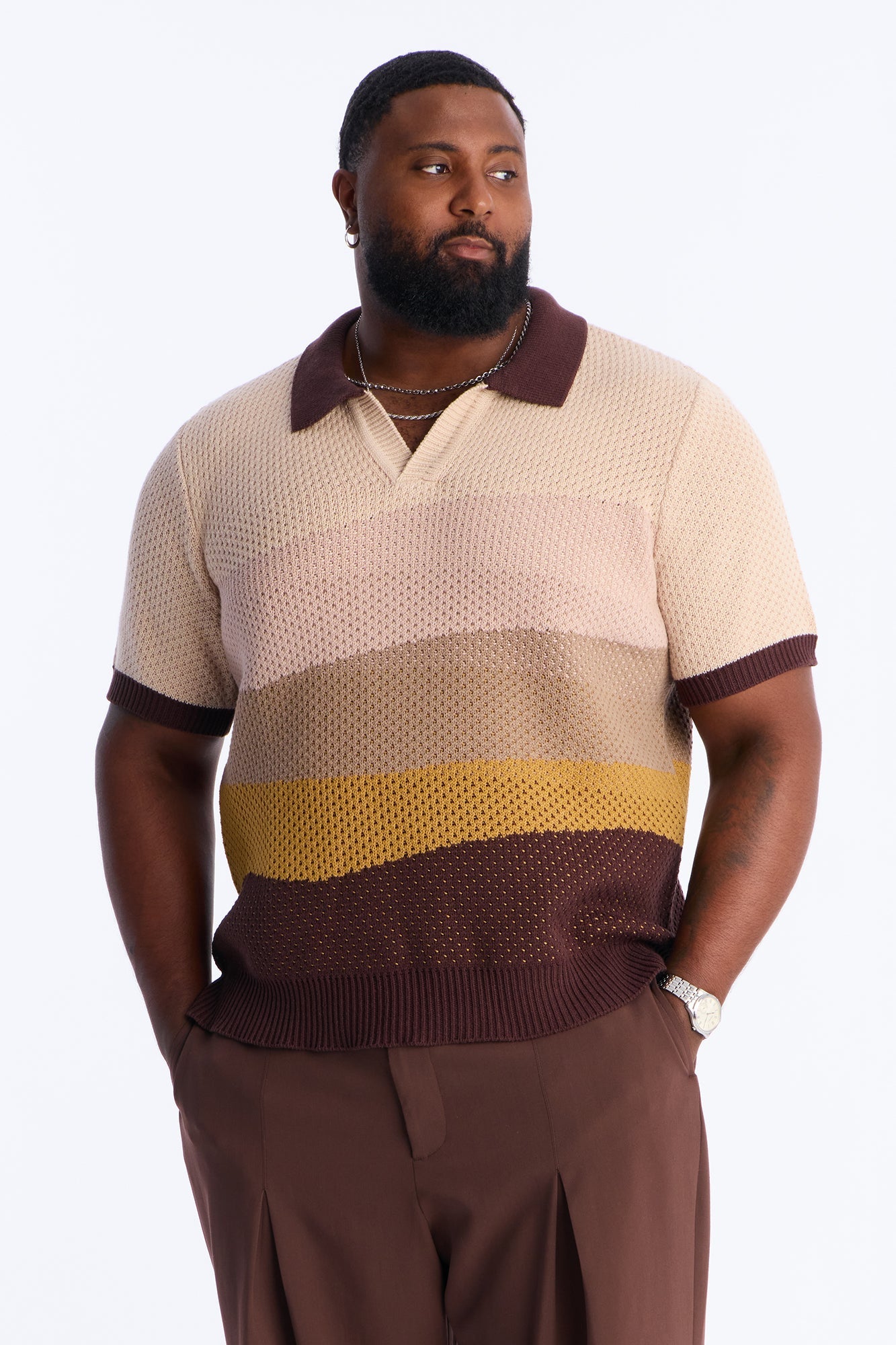 Grove Knitted Johnny Collar Shirt - Brown Fashion Nova