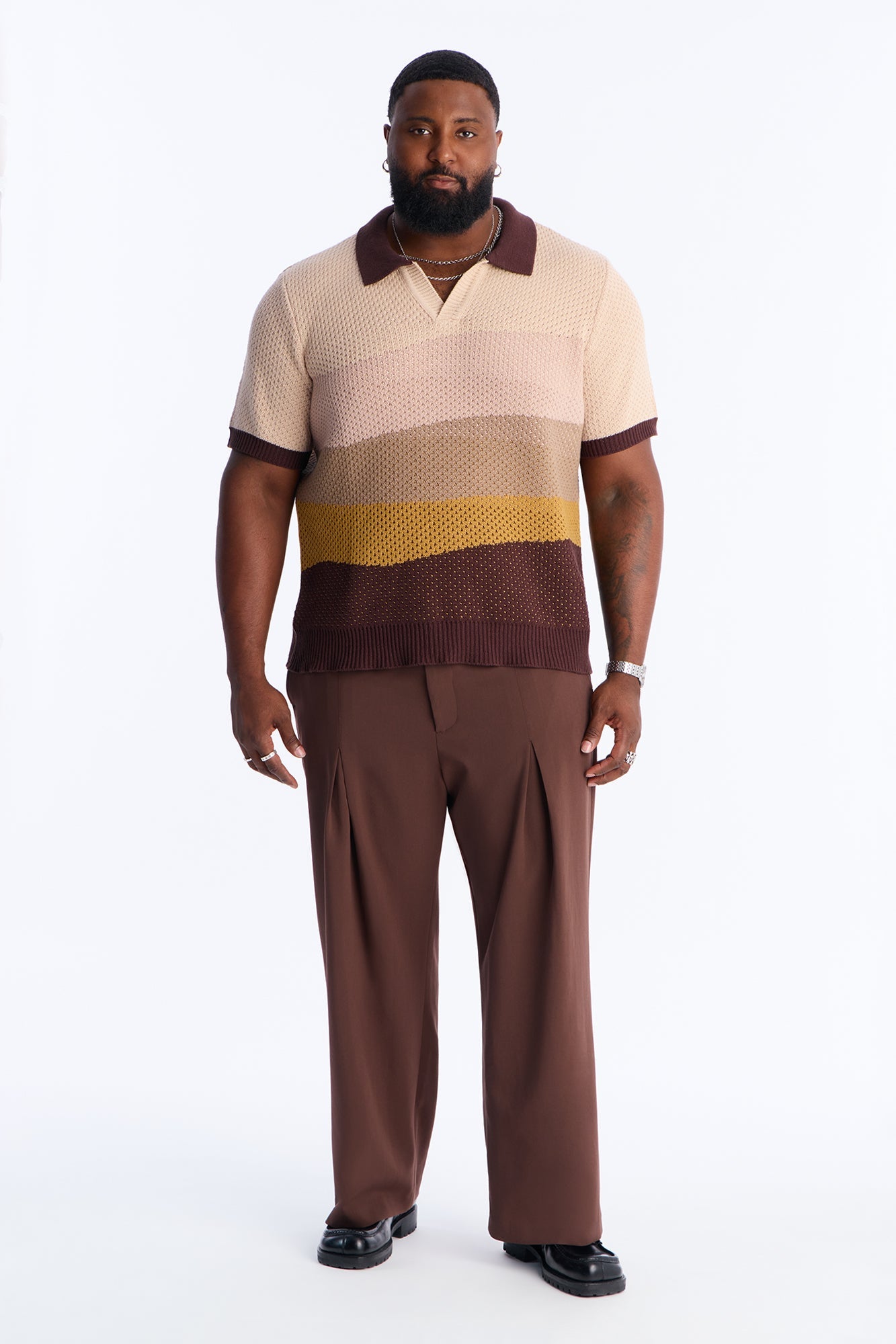 Grove Knitted Johnny Collar Shirt - Brown Fashion Nova