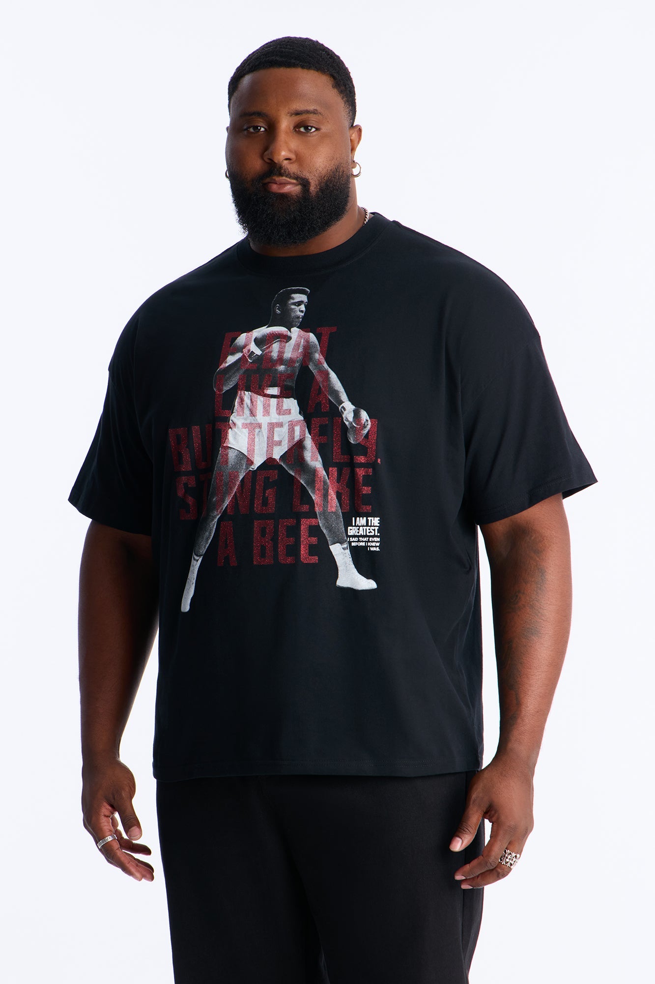 Boxy Muhammad Ali Glitter Printed Short Sleeve Tee - Black Fashion Nova