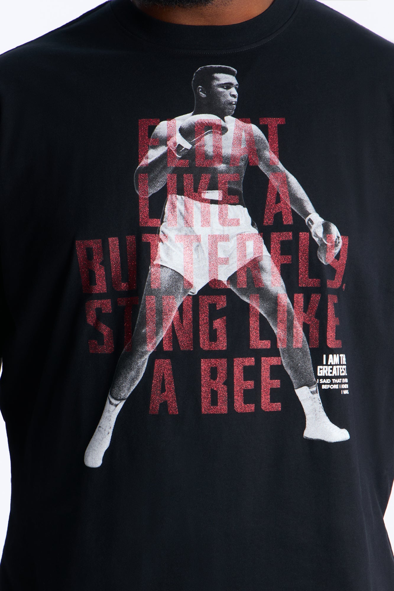 Boxy Muhammad Ali Glitter Printed Short Sleeve Tee - Black Fashion Nova