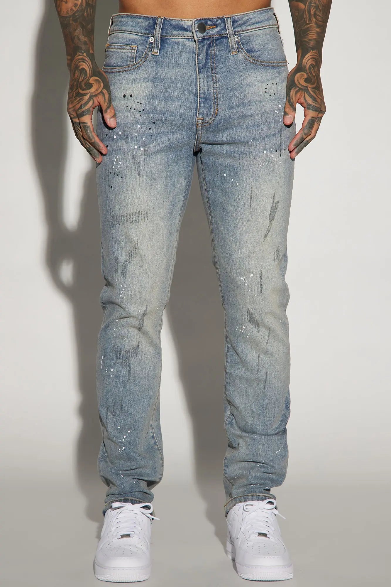 Ripped And Bleach Splatter Slim Jeans - Light Blue Wash Fashion Nova