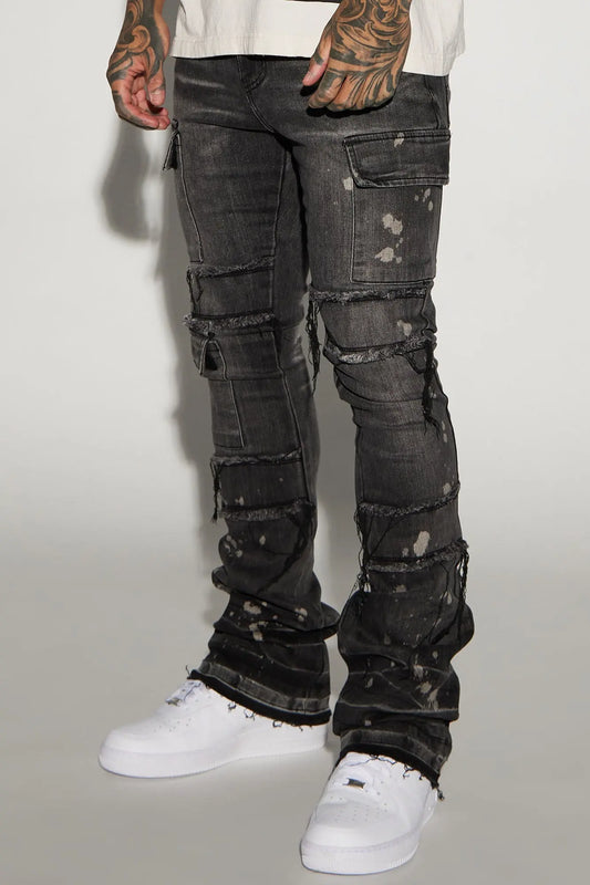 Side Snap Cargo Stacked Skinny Flare Jeans - Black Wash Fashion Nova