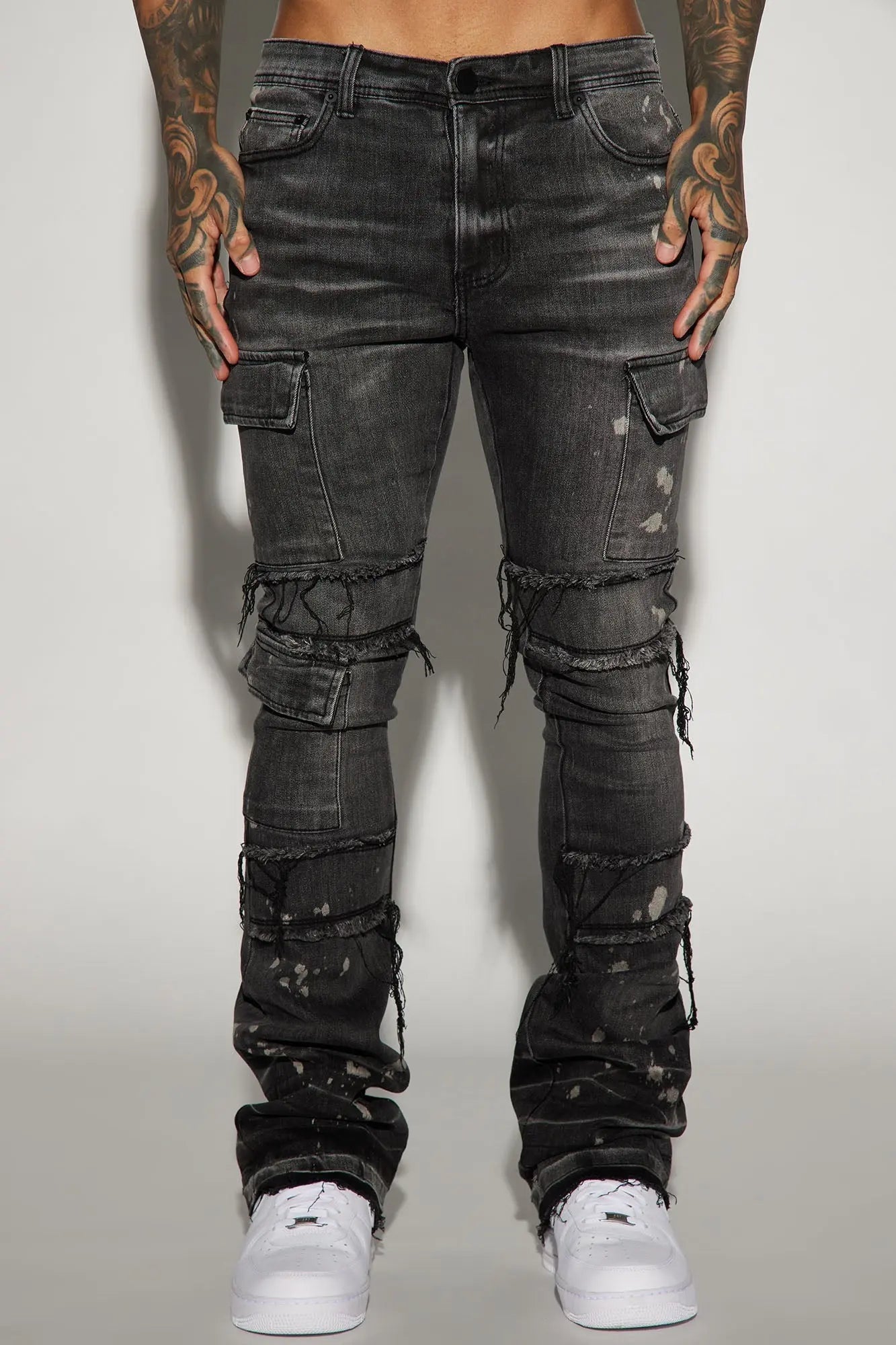 Side Snap Cargo Stacked Skinny Flare Jeans - Black Wash Fashion Nova