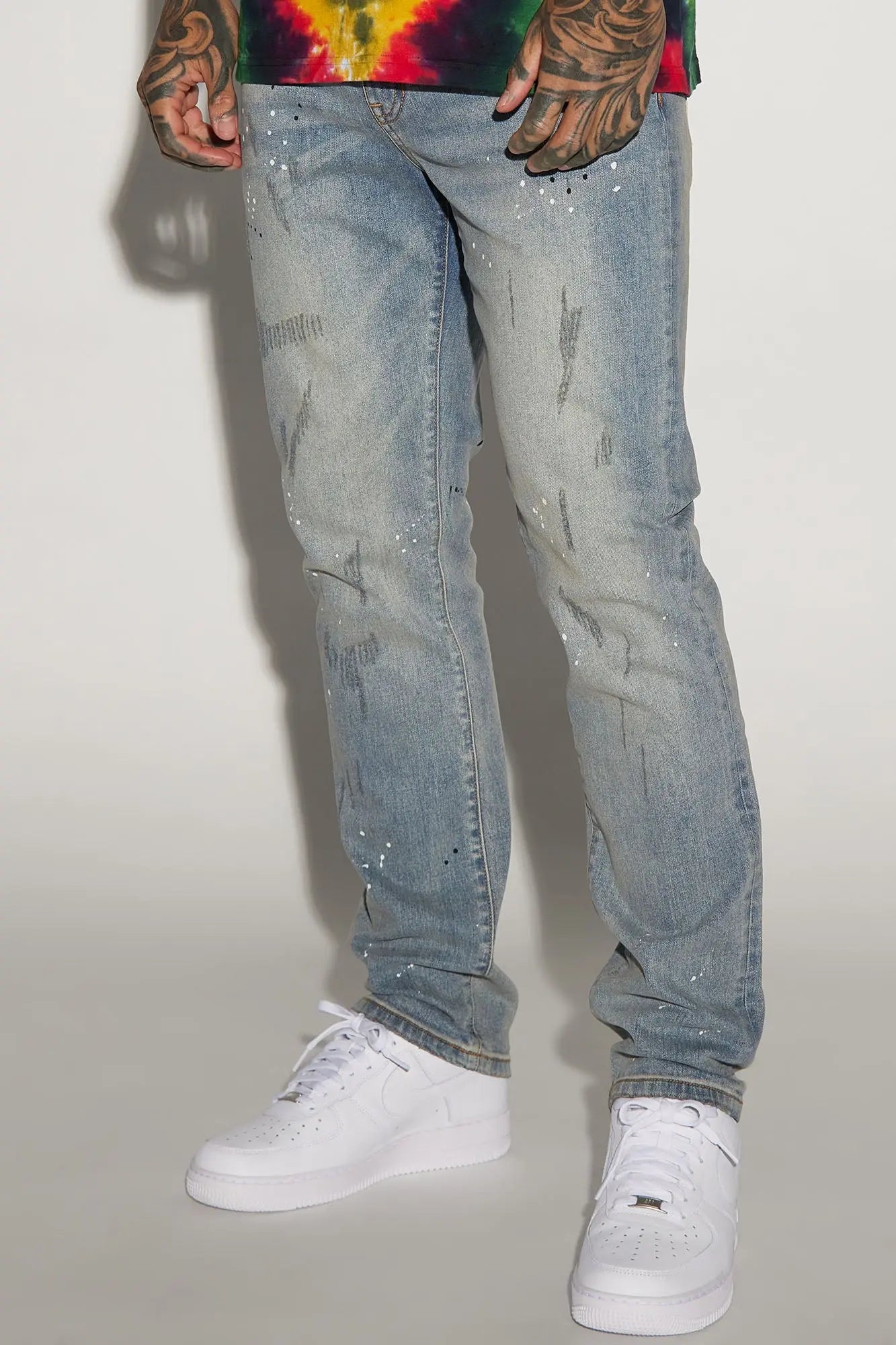 Ripped And Bleach Splatter Slim Jeans - Light Blue Wash Fashion Nova