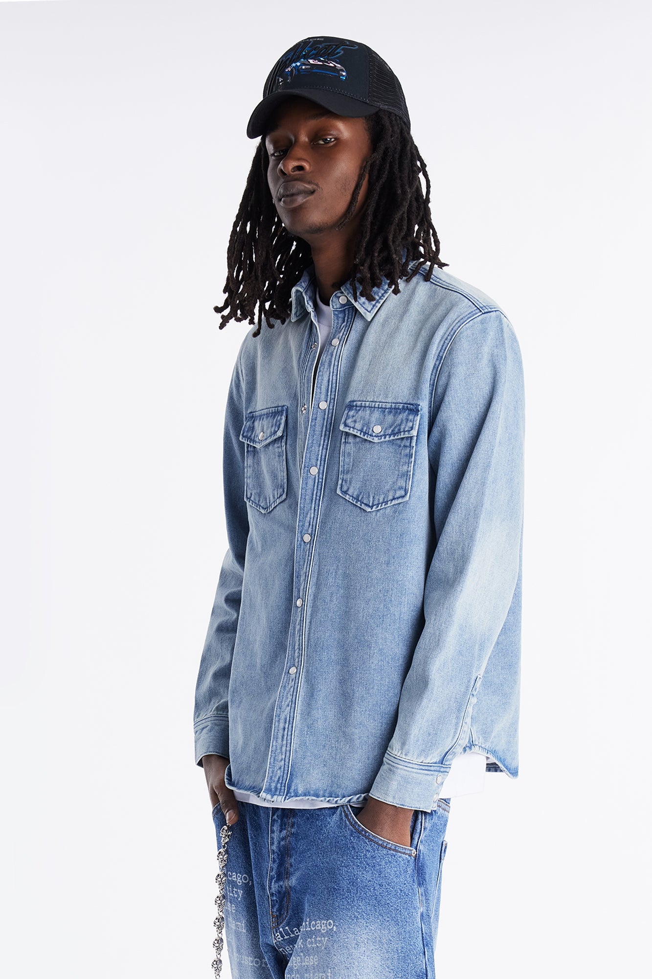 Rodeo Denim Button Up Shirt - Light Blue Wash Fashion Nova