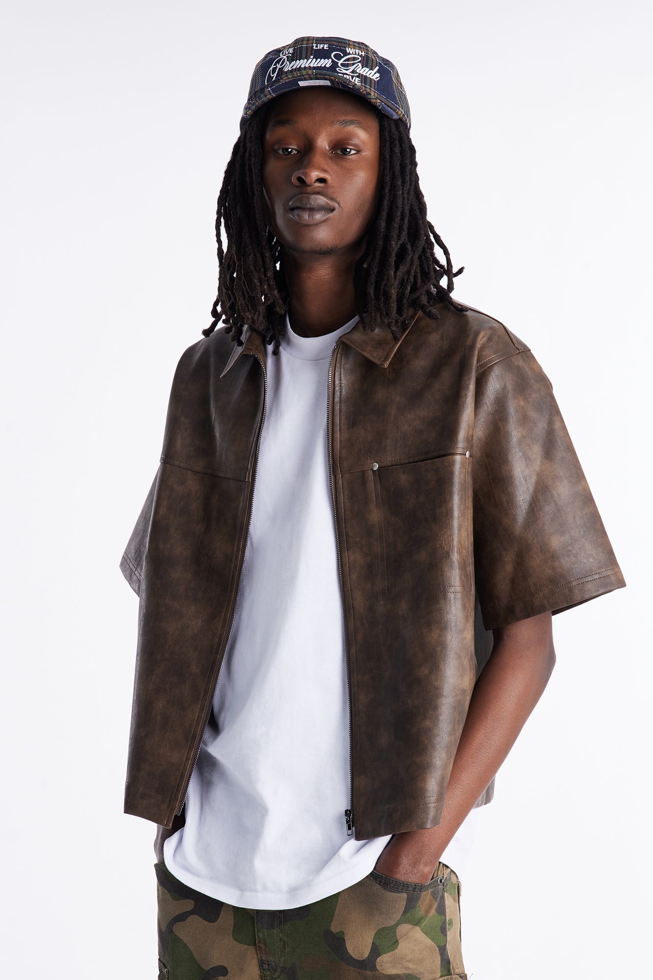 2 Stud Faux Leather Leather Zip Up Shirt - Brown Fashion Nova