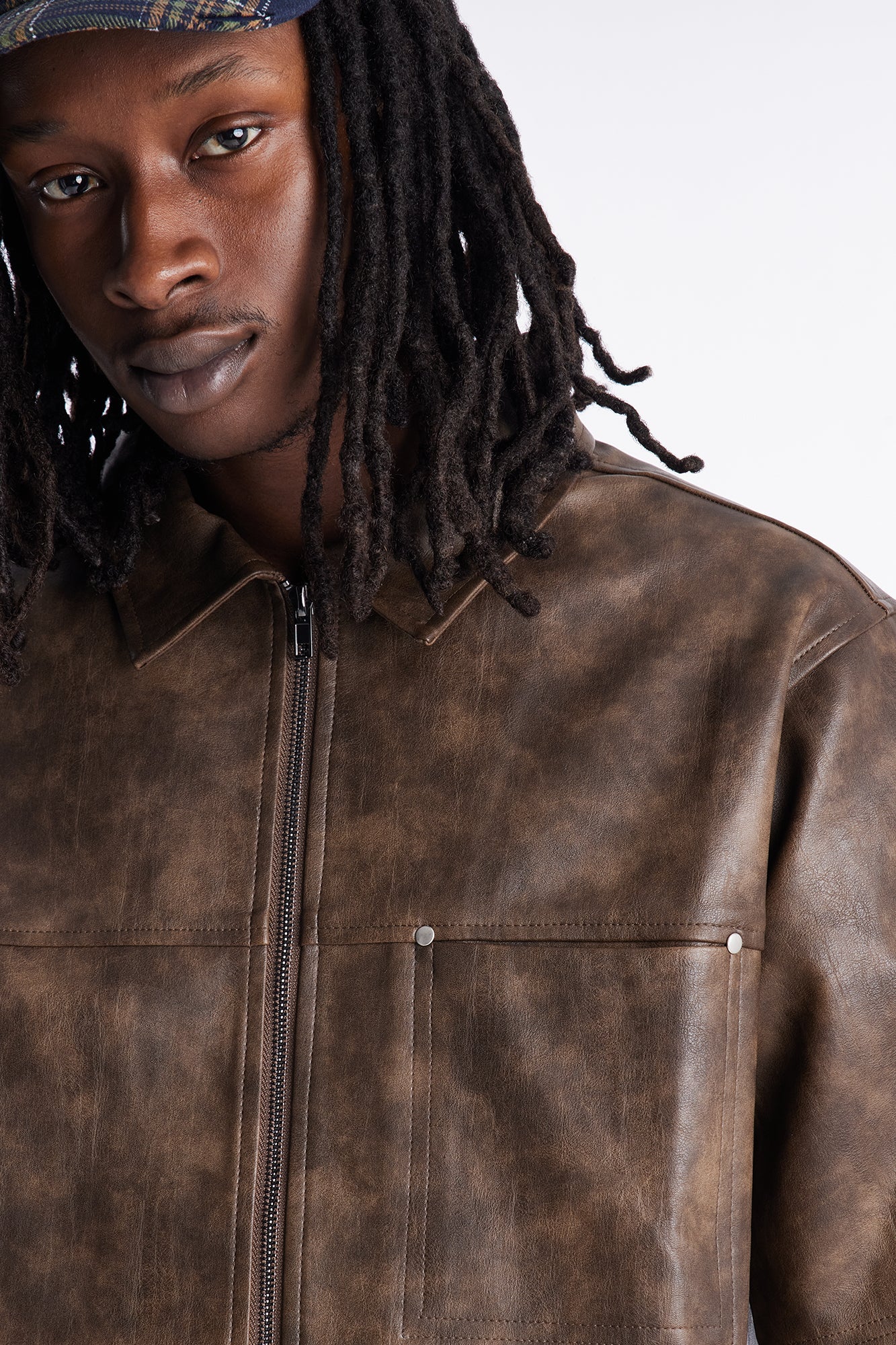 2 Stud Faux Leather Leather Zip Up Shirt - Brown Fashion Nova