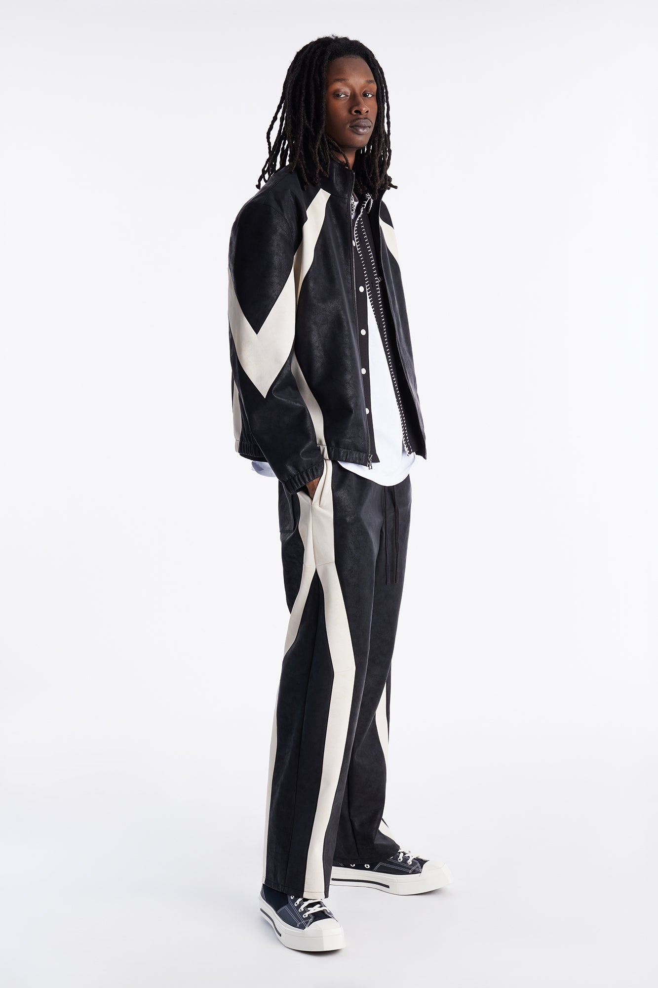 Baggy Faux Leather Maze Paneled Track Pant - Black Fashion Nova