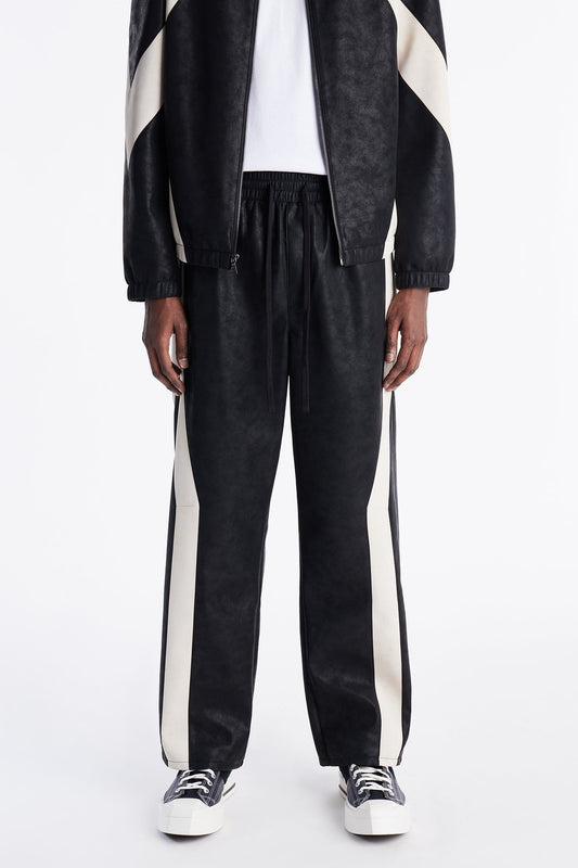 Baggy Faux Leather Maze Paneled Track Pant - Black Fashion Nova