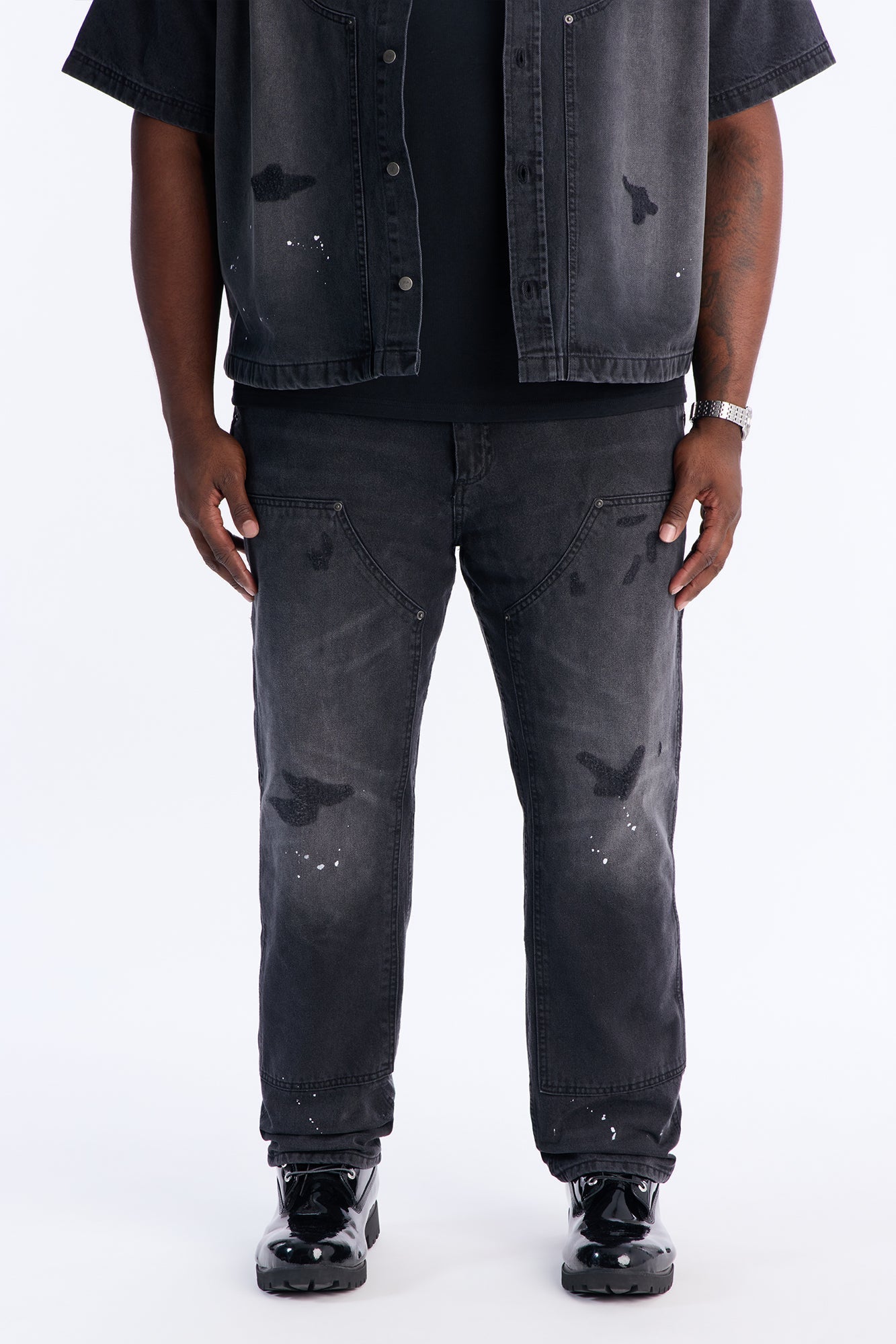 Straight Splatter Paint Distressed Carpenter Work Pant - Black Wash Fashion Nova
