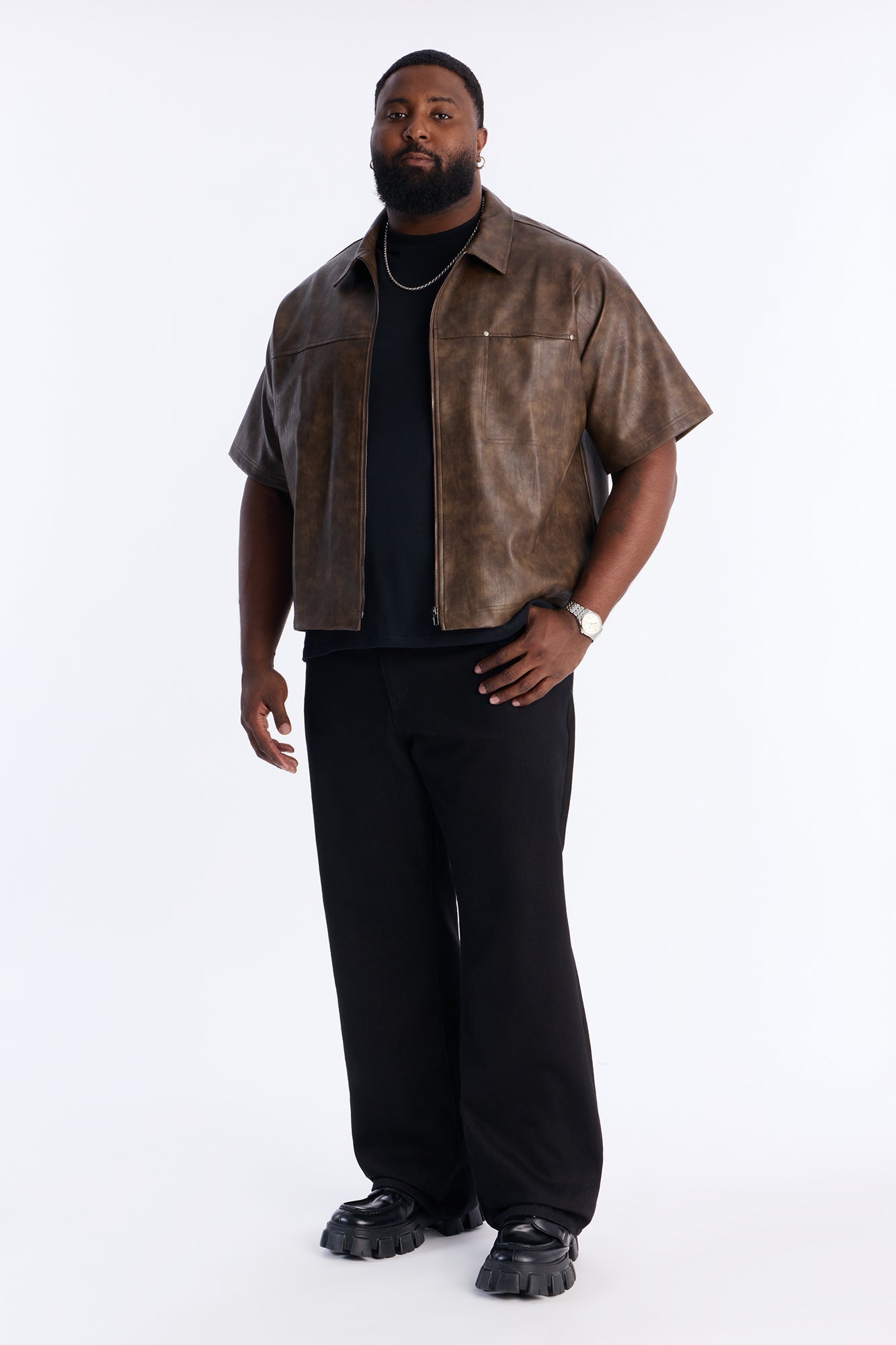 2 Stud Faux Leather Leather Zip Up Shirt - Brown Fashion Nova