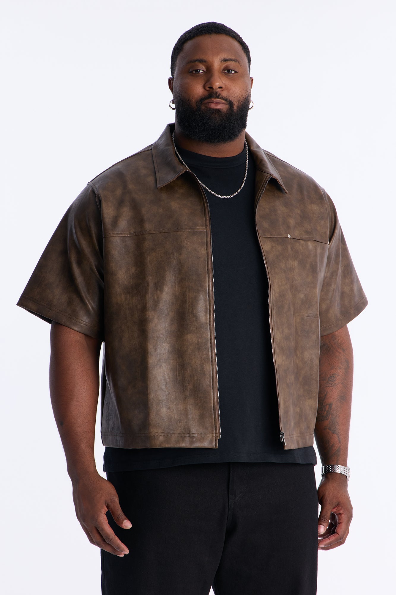 2 Stud Faux Leather Leather Zip Up Shirt - Brown Fashion Nova