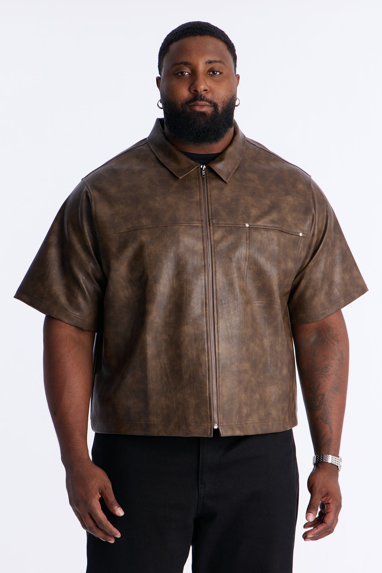 2 Stud Faux Leather Leather Zip Up Shirt - Brown Fashion Nova