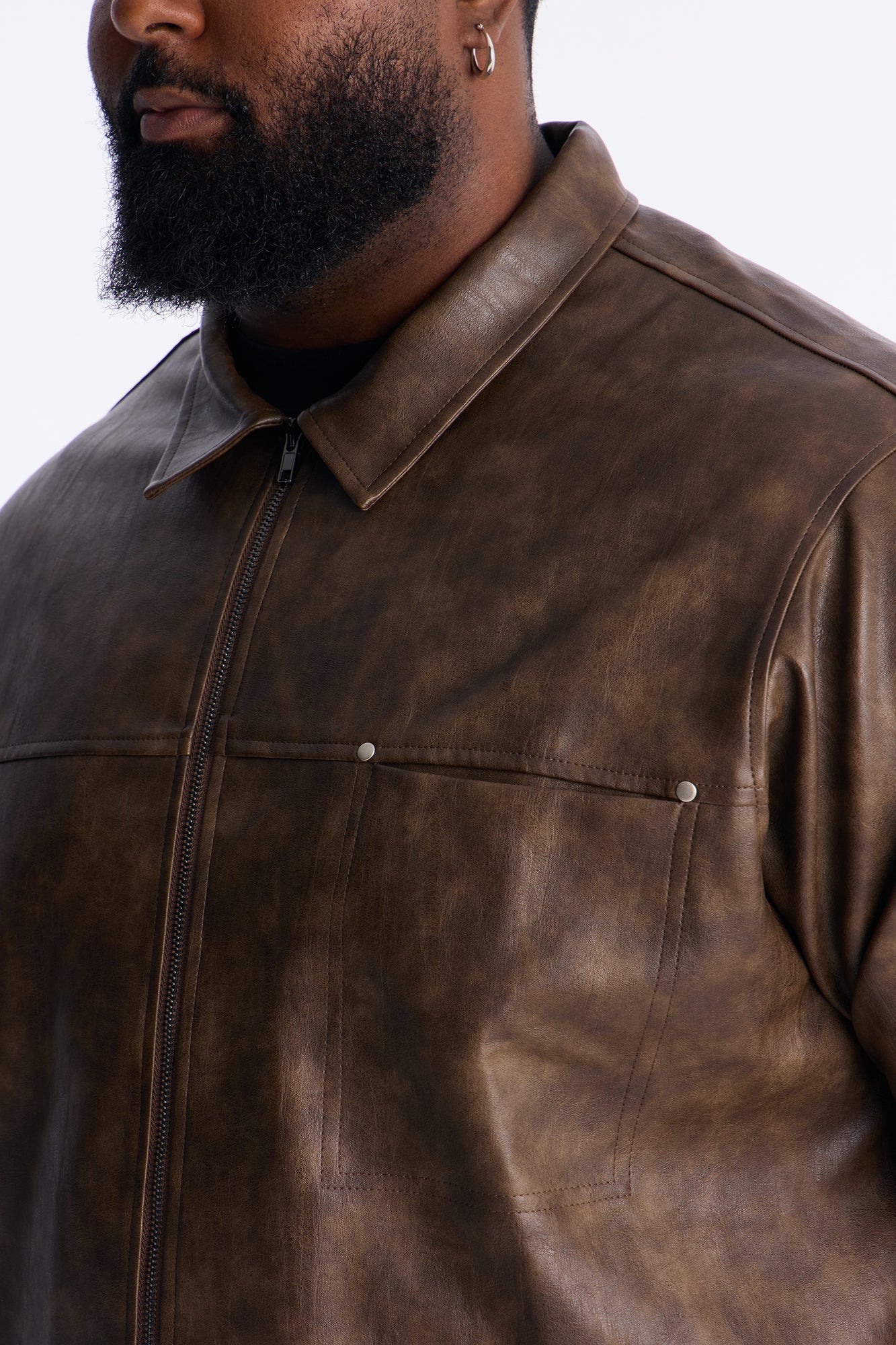 2 Stud Faux Leather Leather Zip Up Shirt - Brown Fashion Nova