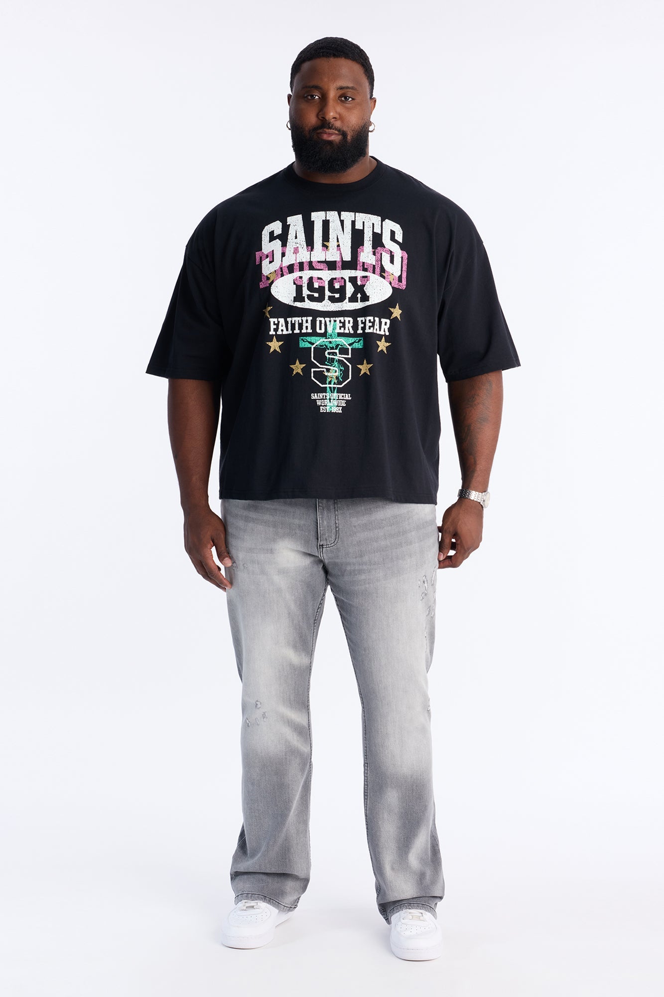 Saints Faith Over Fear Boxy Short Sleeve Tee - Black Fashion Nova