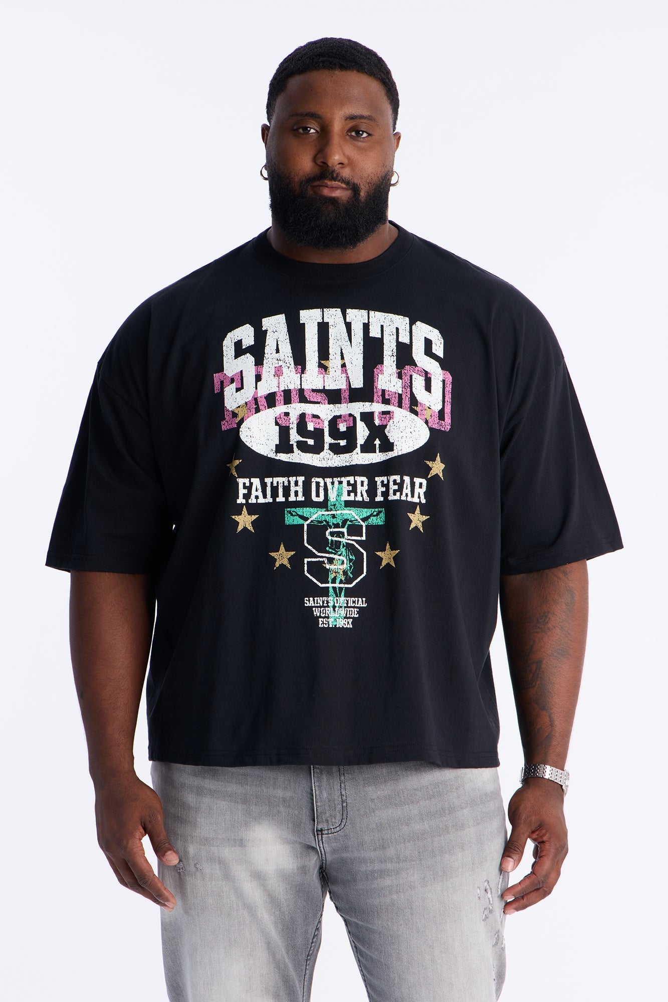 Saints Faith Over Fear Boxy Short Sleeve Tee - Black Fashion Nova