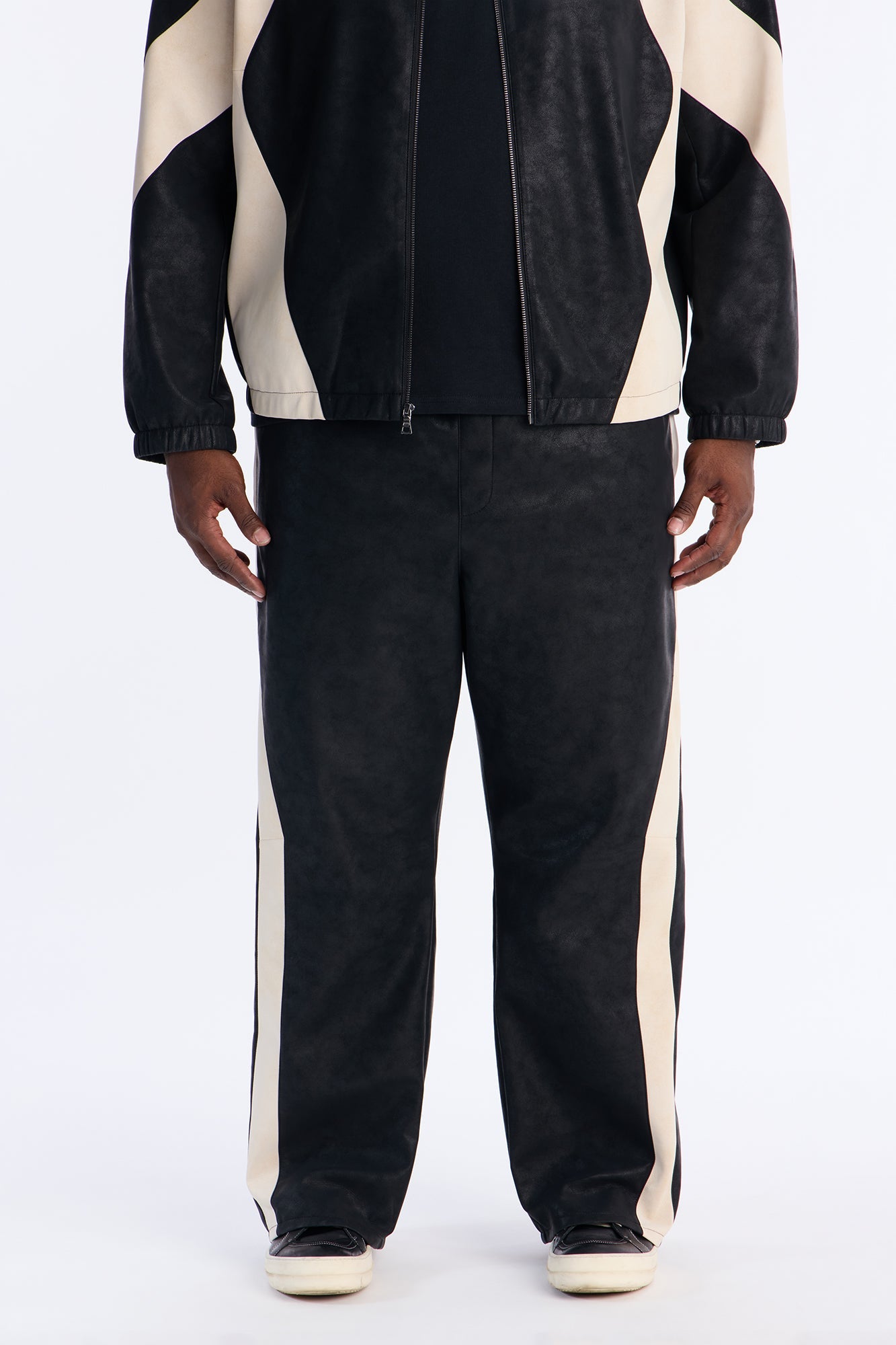 Baggy Faux Leather Maze Paneled Track Pant - Black Fashion Nova