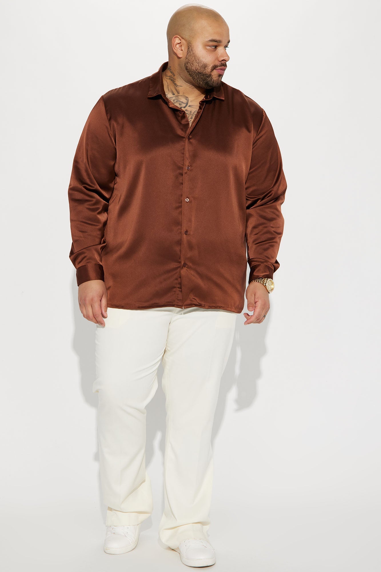 Links Satin Long Sleeve Button Up Shirt - Chocolate Fashion Nova