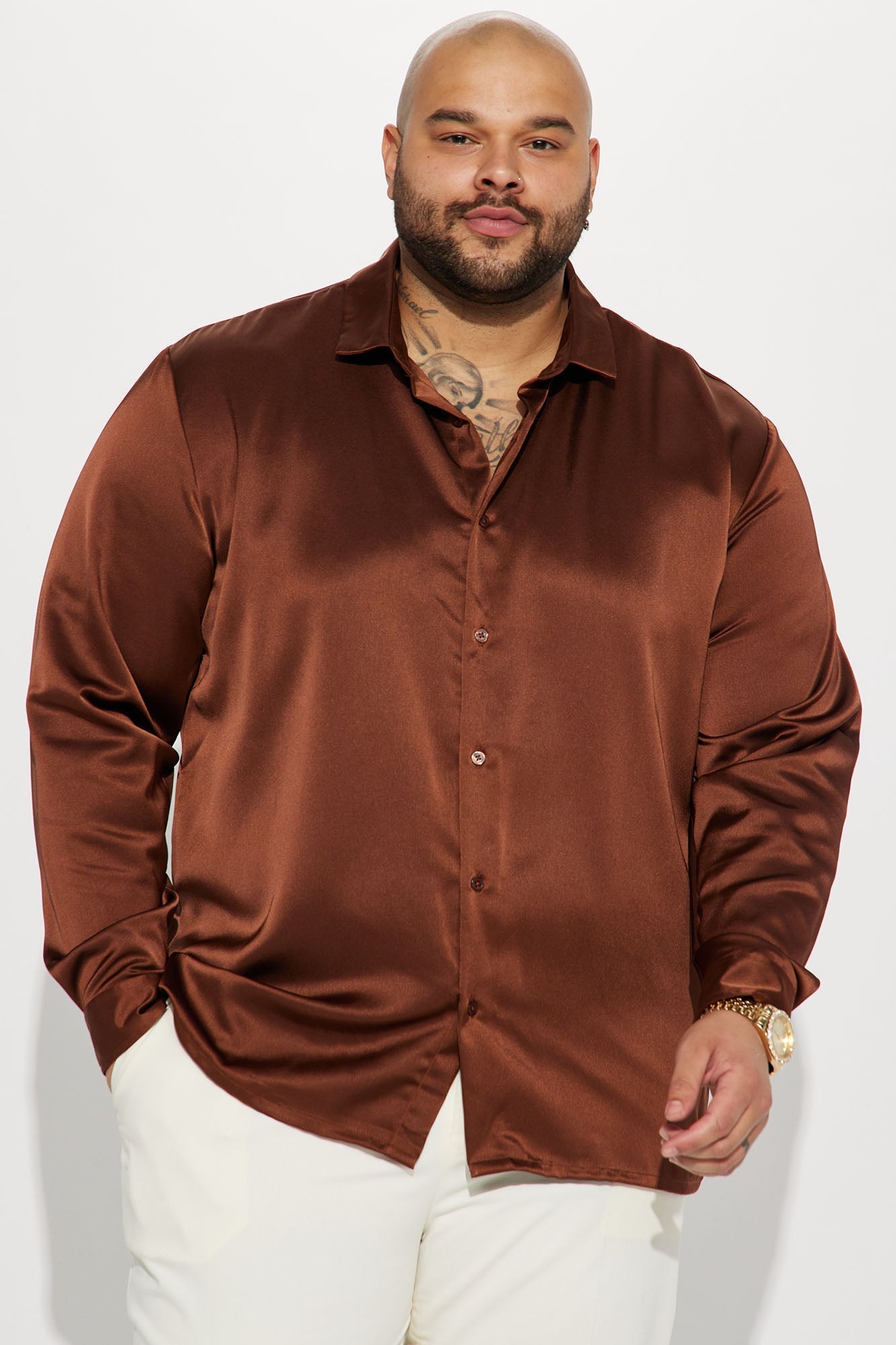 Links Satin Long Sleeve Button Up Shirt - Chocolate Fashion Nova