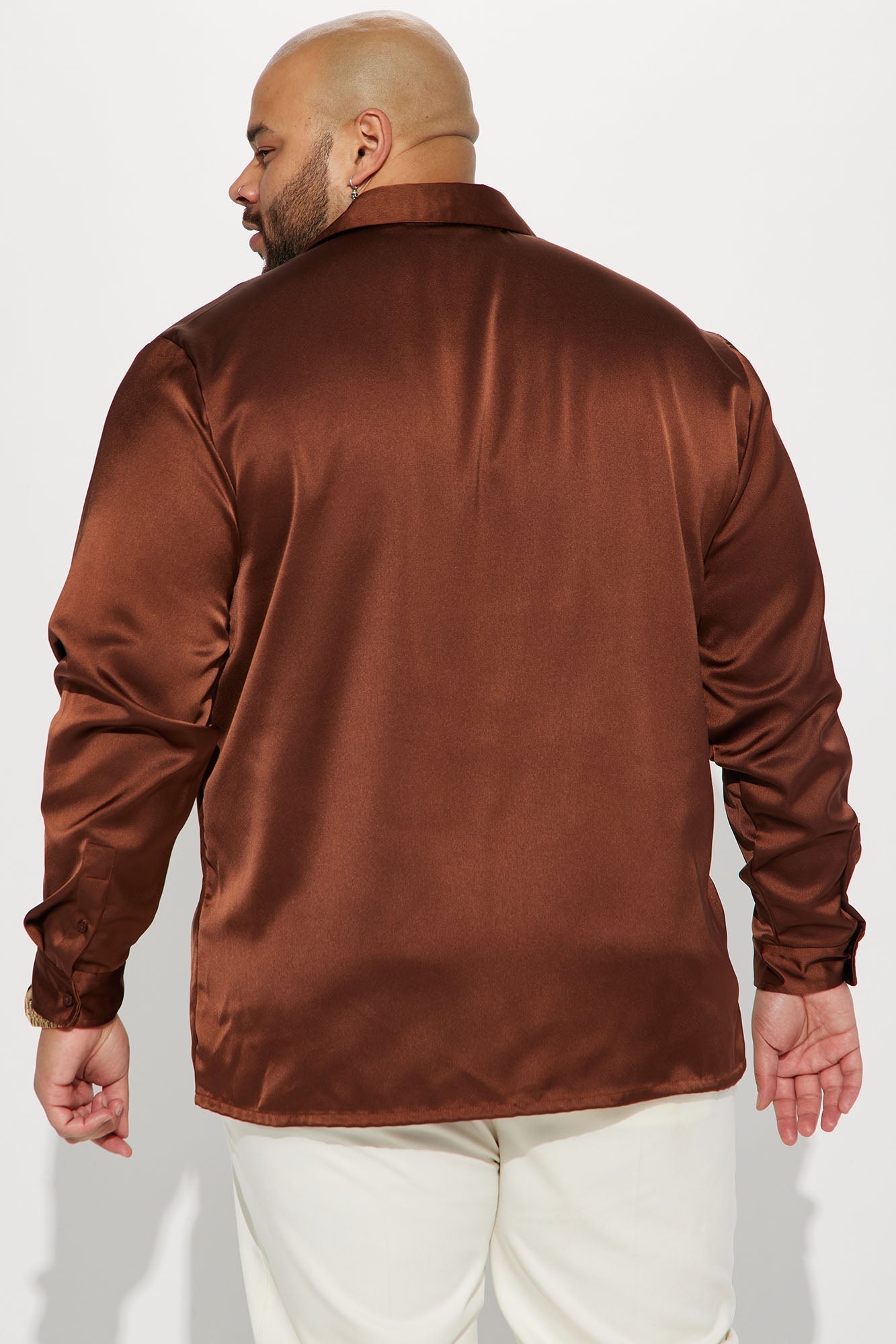 Links Satin Long Sleeve Button Up Shirt - Chocolate Fashion Nova