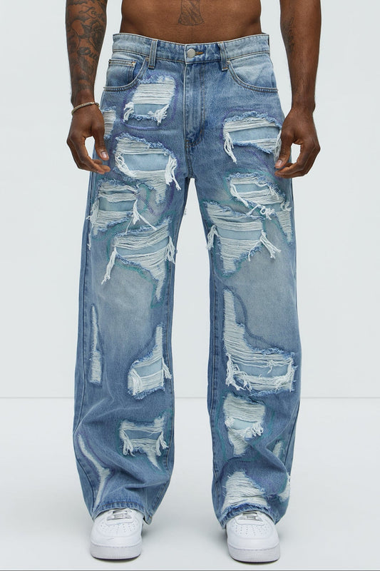 Worn All Over Distressed Baggy Jeans - Light Wash Fashion Nova