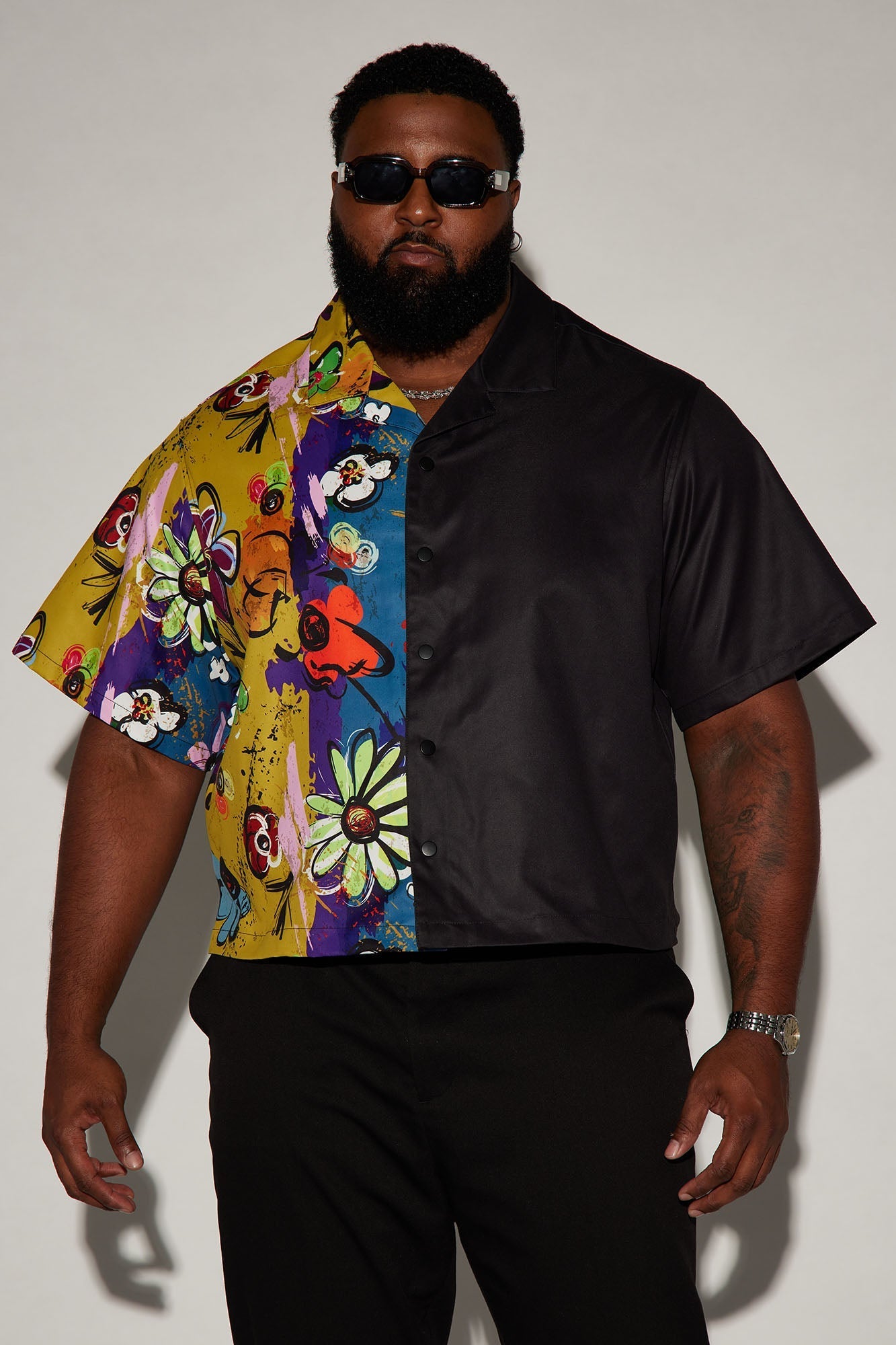 Volos Split Cropped Shirt - Navy/Multi Fashion Nova