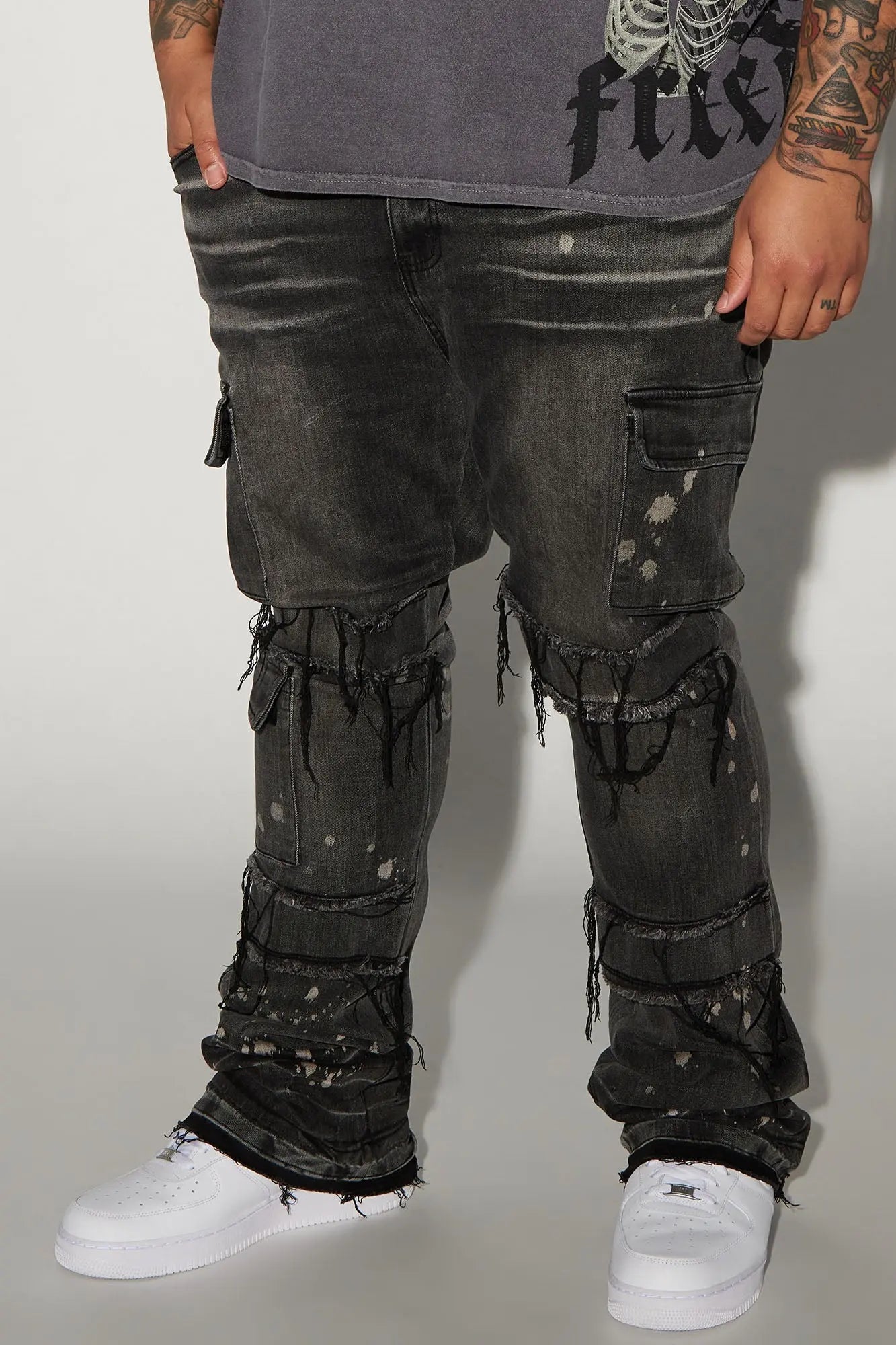 Side Snap Cargo Stacked Skinny Flare Jeans - Black Wash Fashion Nova