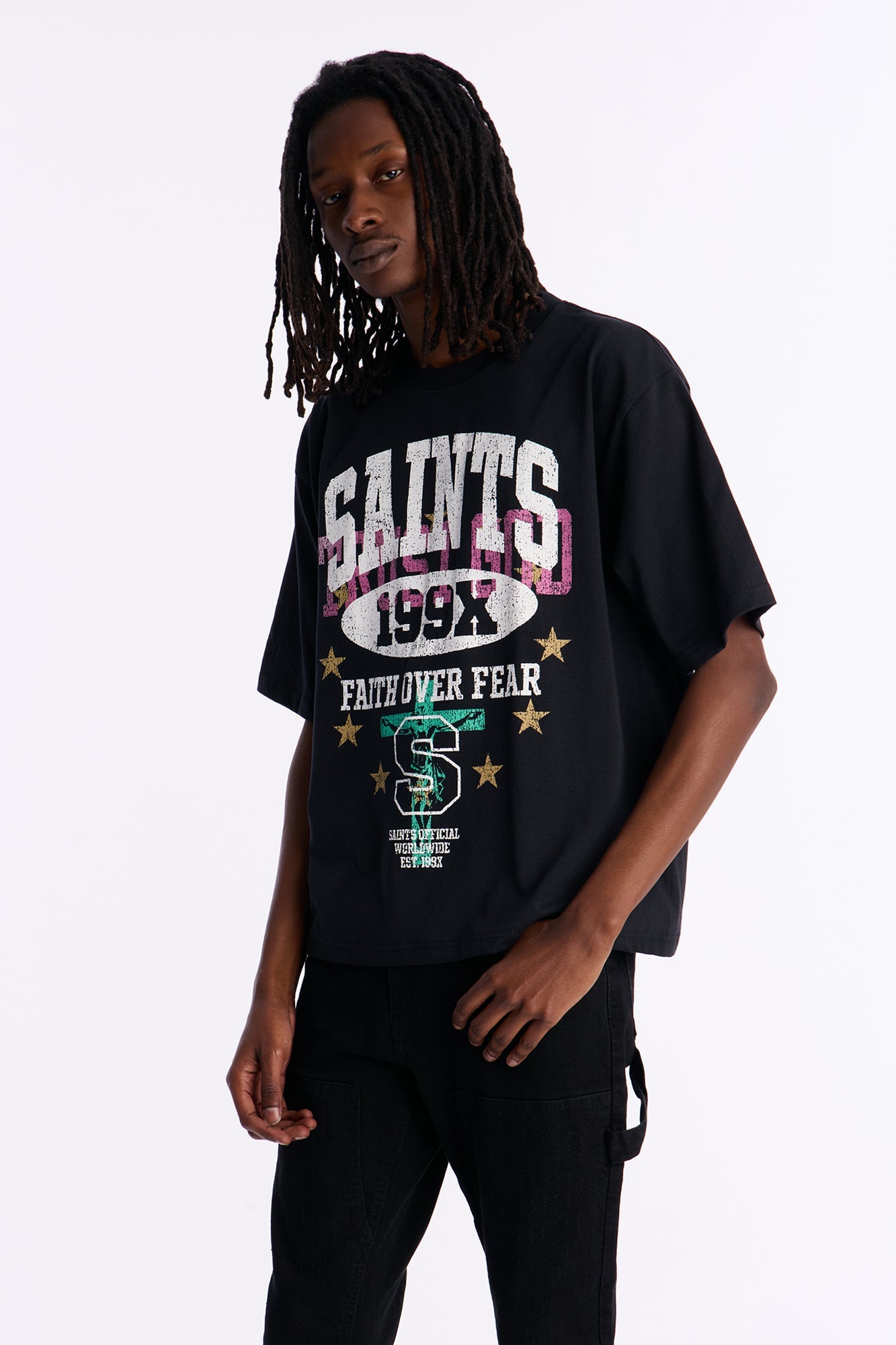 Saints Faith Over Fear Boxy Short Sleeve Tee - Black Fashion Nova
