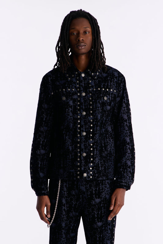 Social Stud Flocked Denim Trucker Jacket - Indigo Fashion Nova
