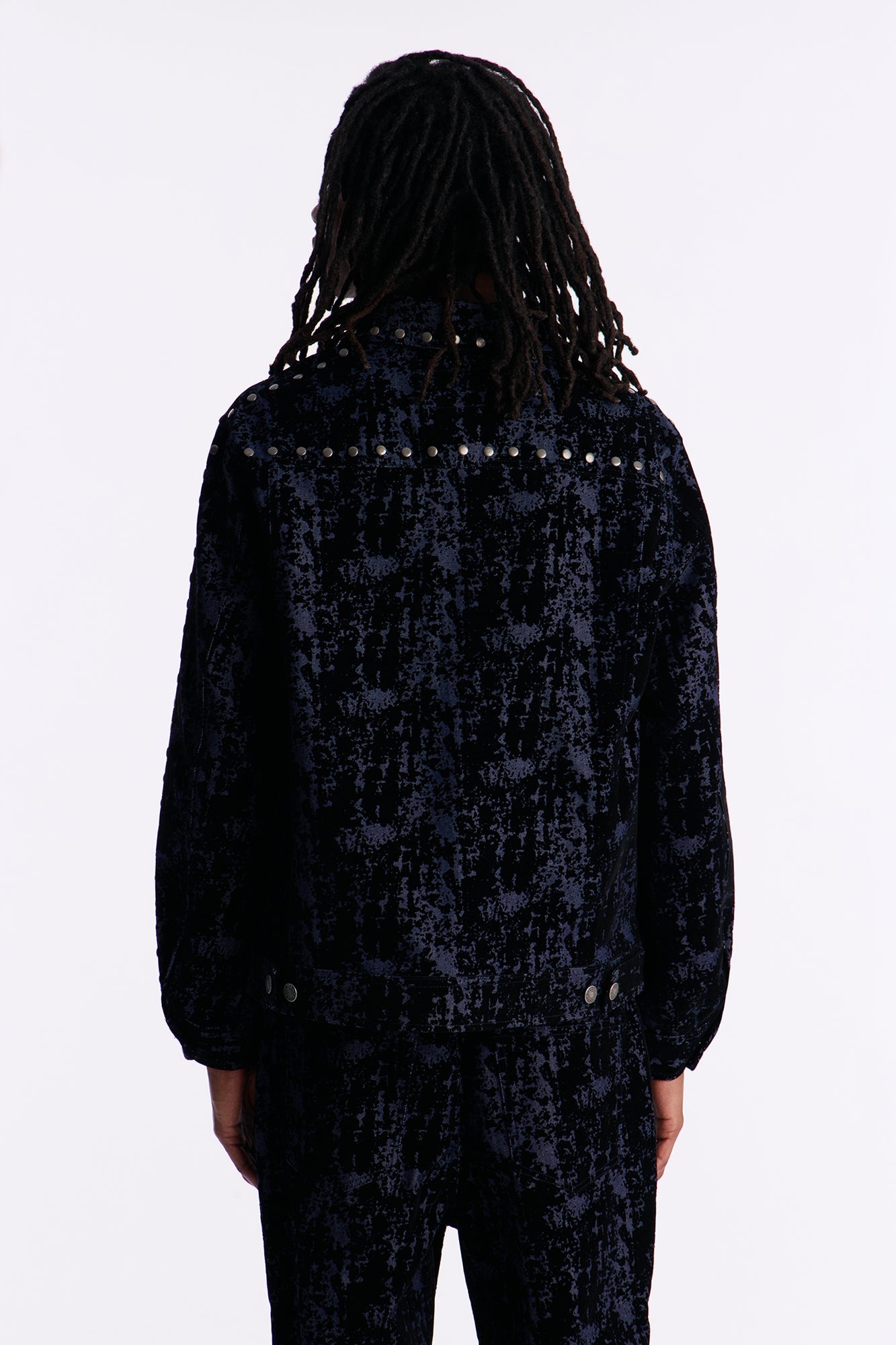 Social Stud Flocked Denim Trucker Jacket - Indigo Fashion Nova