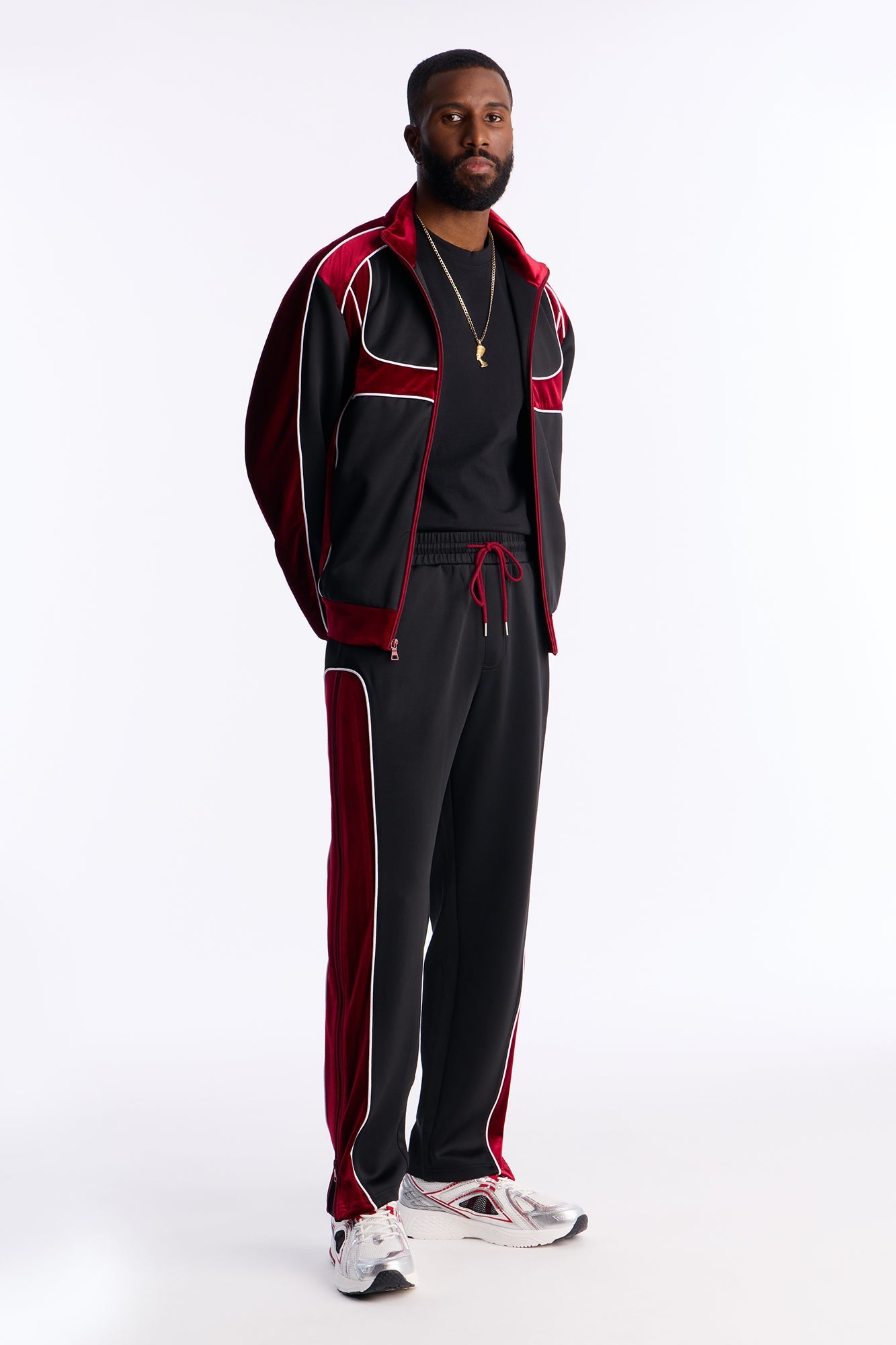 Slim Lexington Velour Side Track Pant - Burgundy Fashion Nova