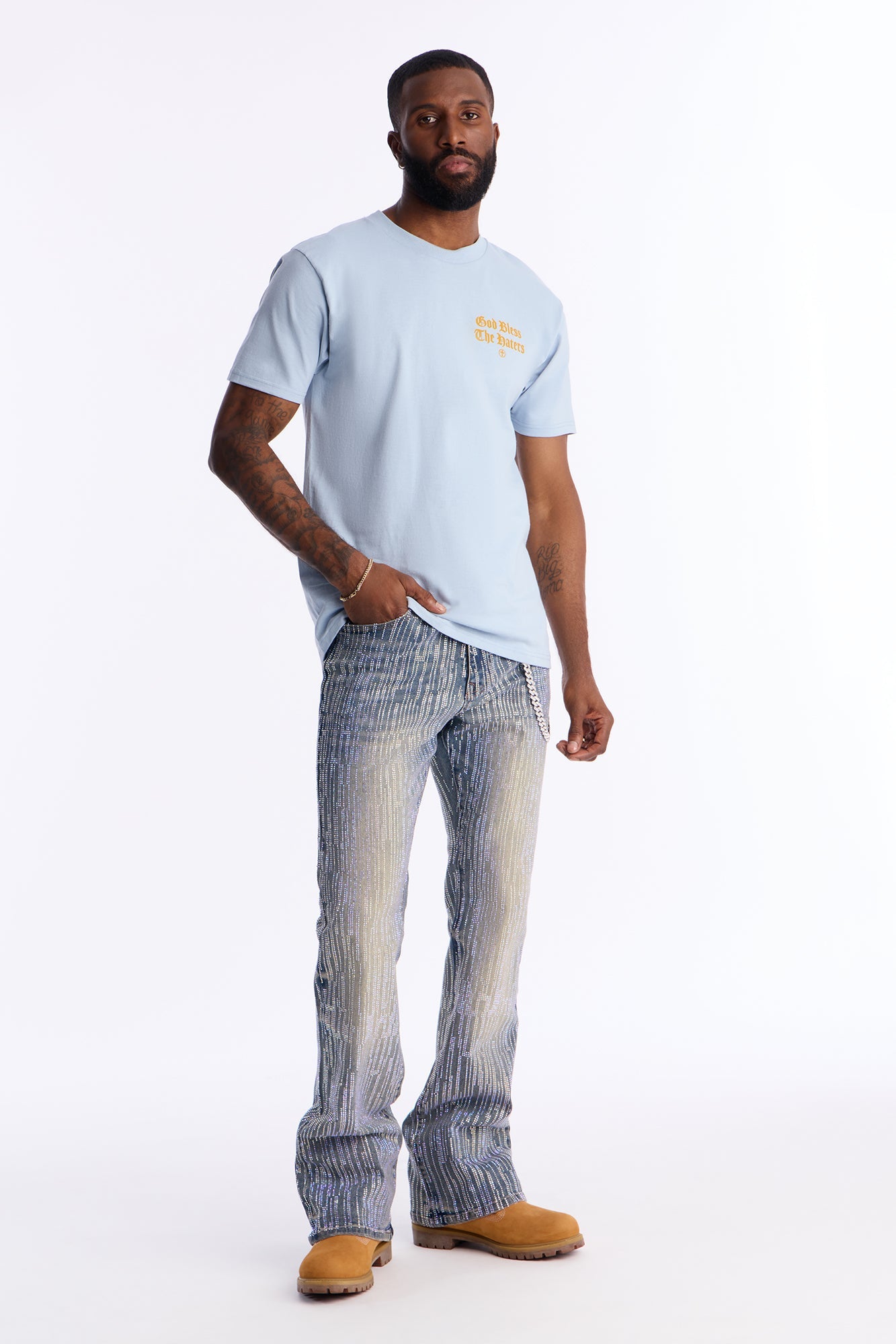 Stacked Skinny Flare Prizm Jeweled Jean - Vintage Blue Wash Fashion Nova