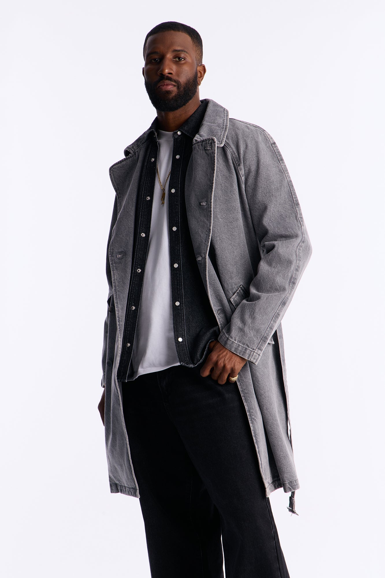 Finesse Double Breasted Denim Trench Coat - Grey Fashion Nova