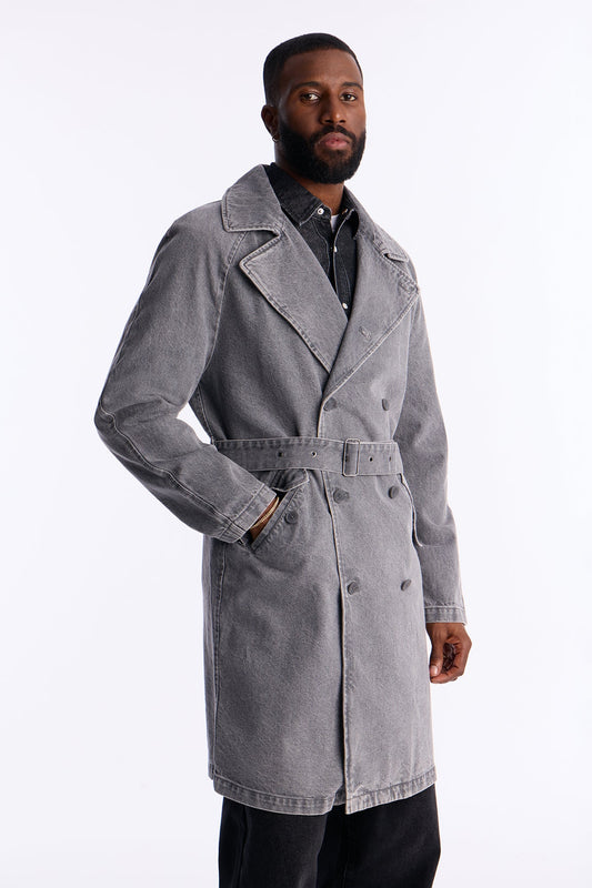 Finesse Double Breasted Denim Trench Coat - Grey Fashion Nova