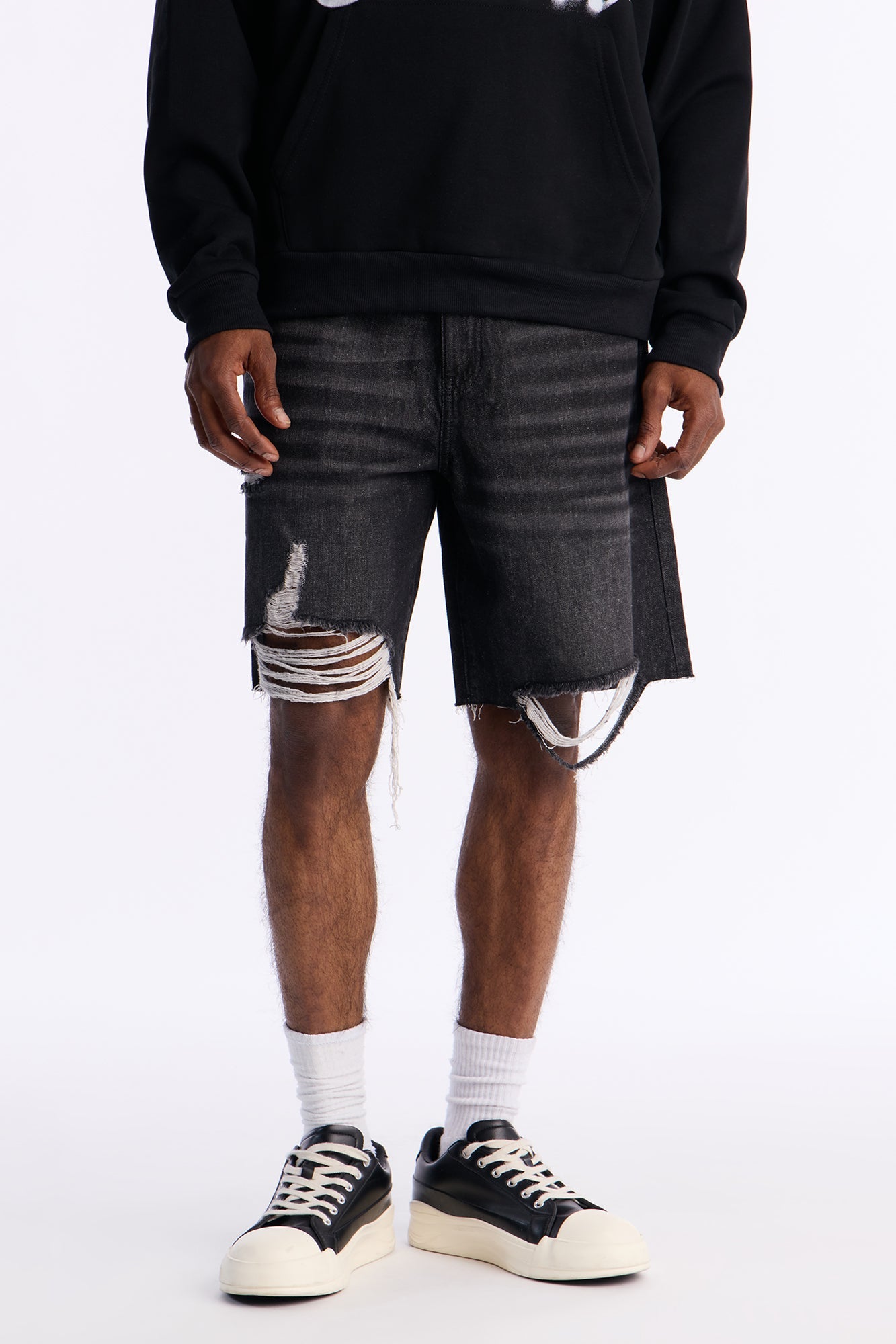Relaxed Raw Hem Distressed Denim Shorts - Black Wash Fashion Nova