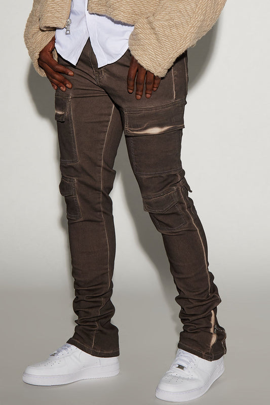 Triple Cargo Stacked Skinny Flare Jeans - Chocolate Fashion Nova
