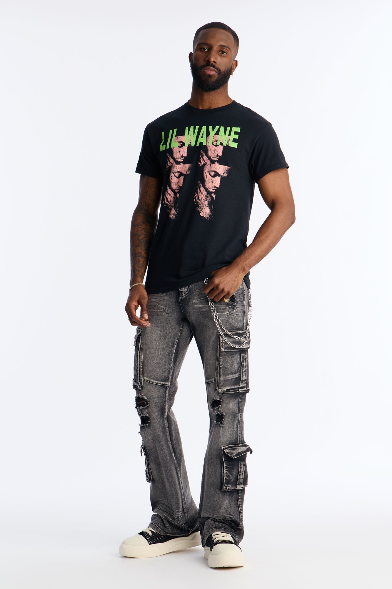 Stacked Skinny Flare Combat Cargo Jean - Black Wash Fashion Nova
