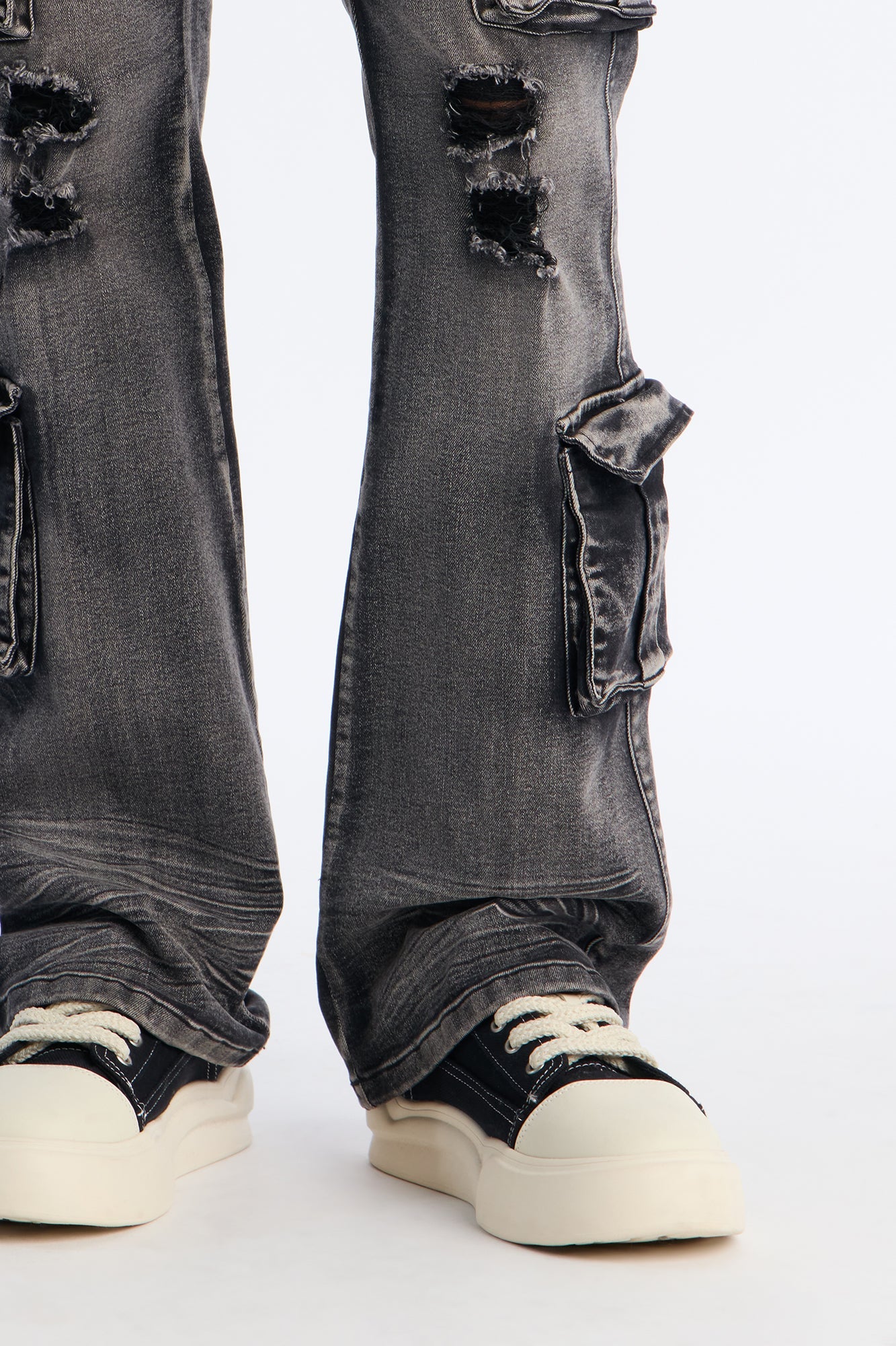 Stacked Skinny Flare Combat Cargo Jean - Black Wash Fashion Nova