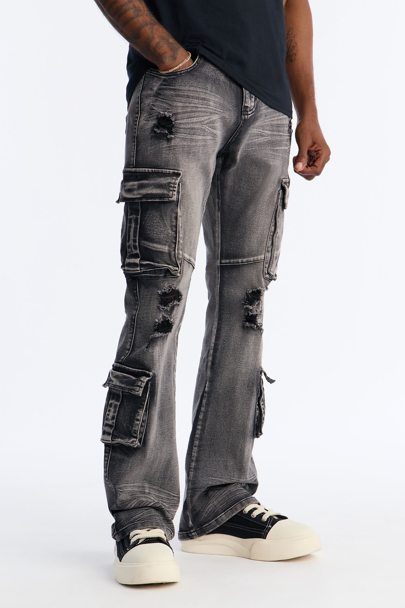Stacked Skinny Flare Combat Cargo Jean - Black Wash Fashion Nova