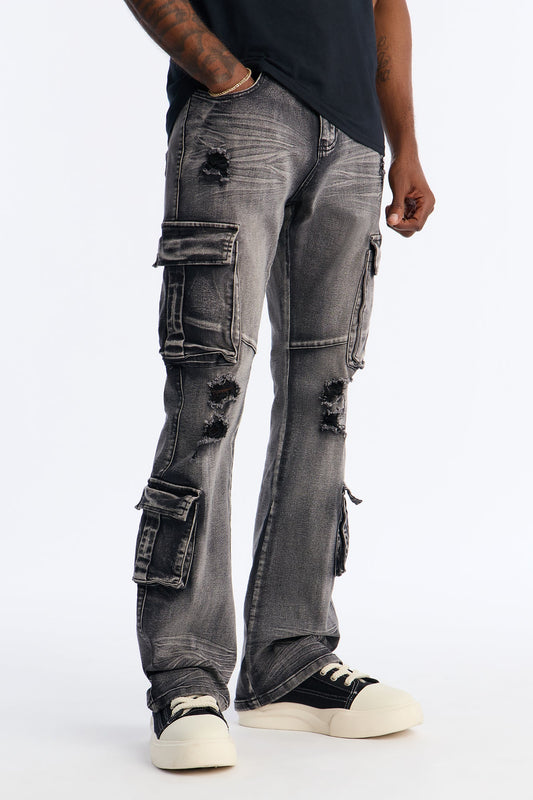 Stacked Skinny Flare Combat Cargo Jean - Black Wash Fashion Nova