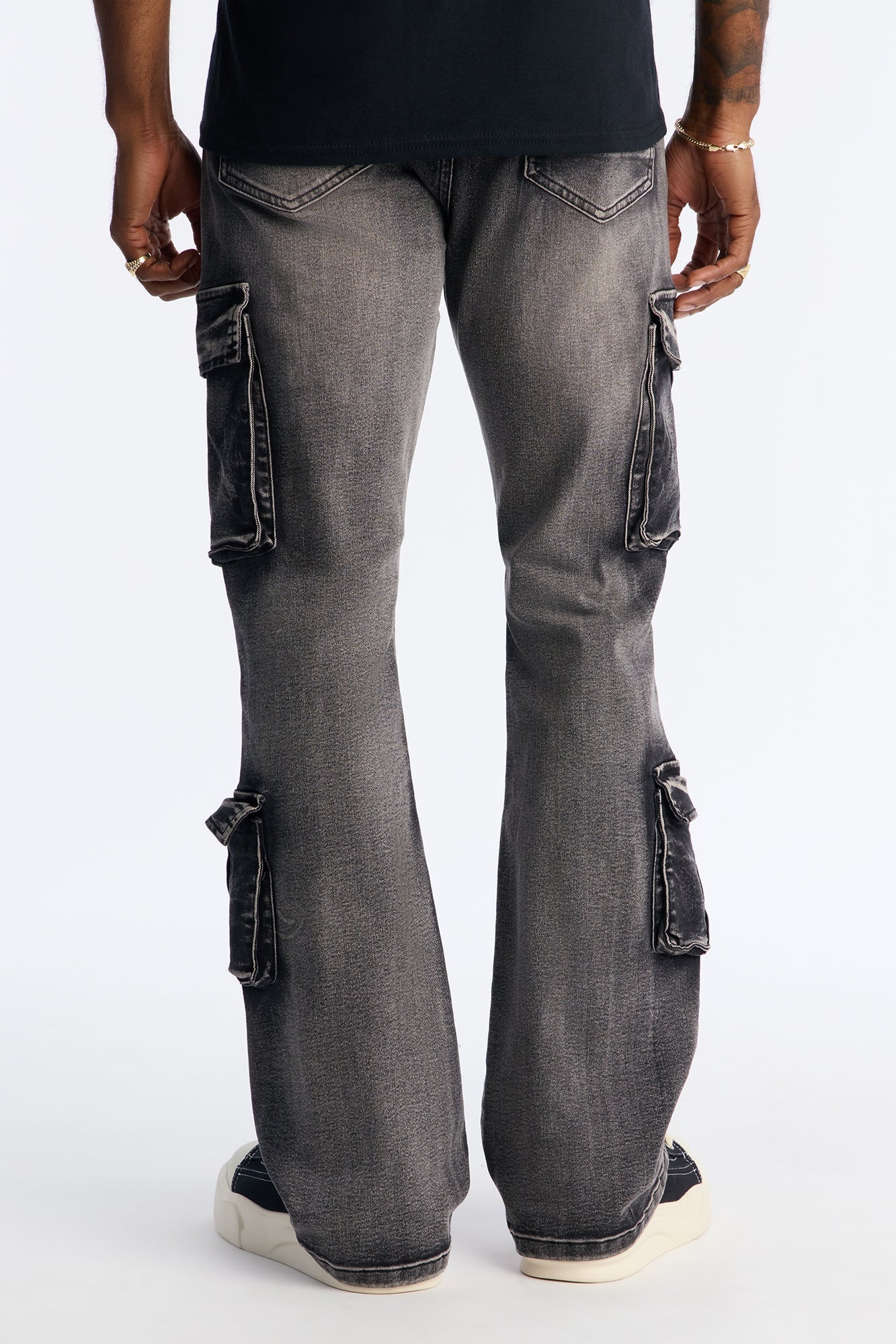 Stacked Skinny Flare Combat Cargo Jean - Black Wash Fashion Nova