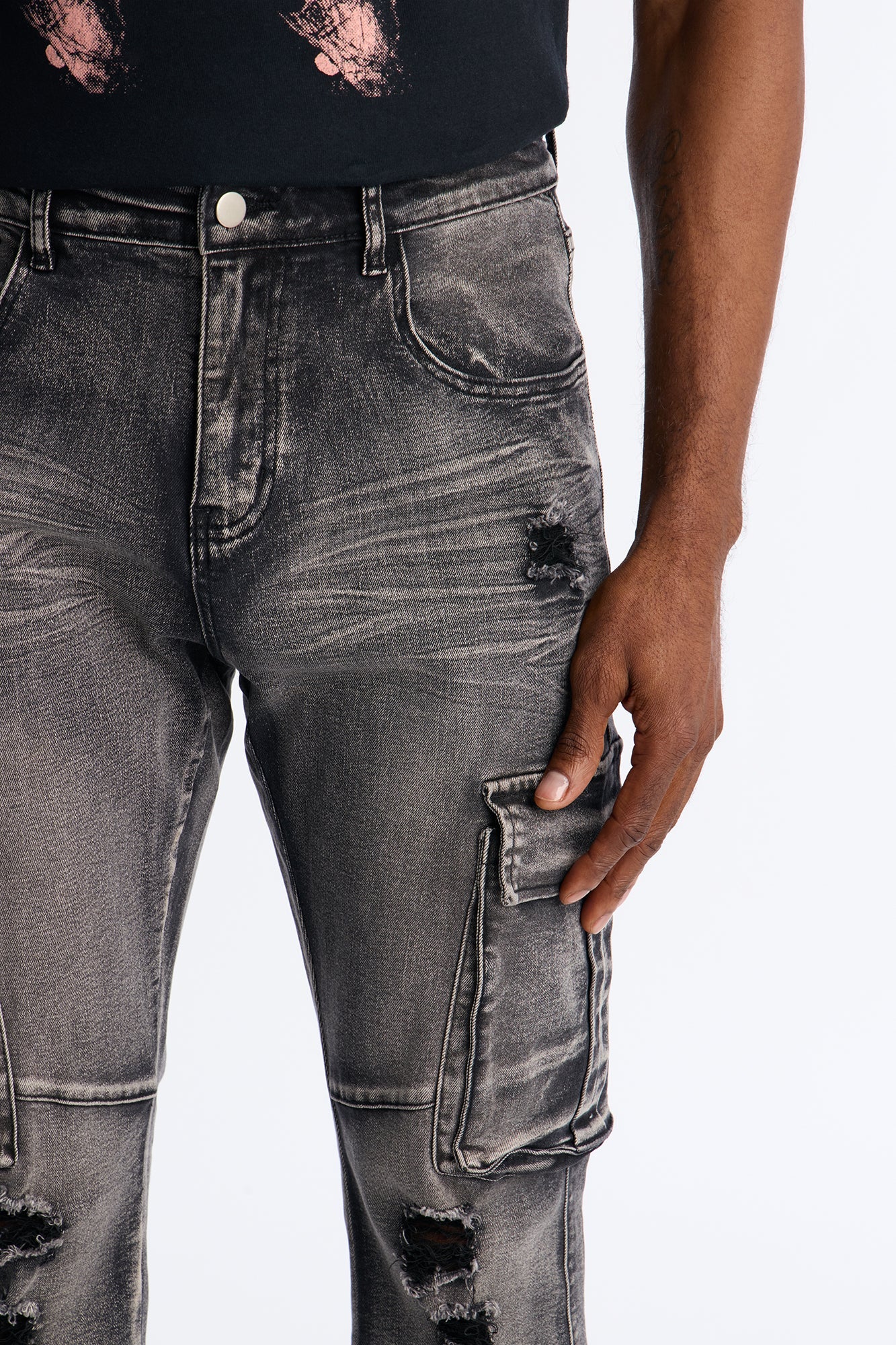 Stacked Skinny Flare Combat Cargo Jean - Black Wash Fashion Nova